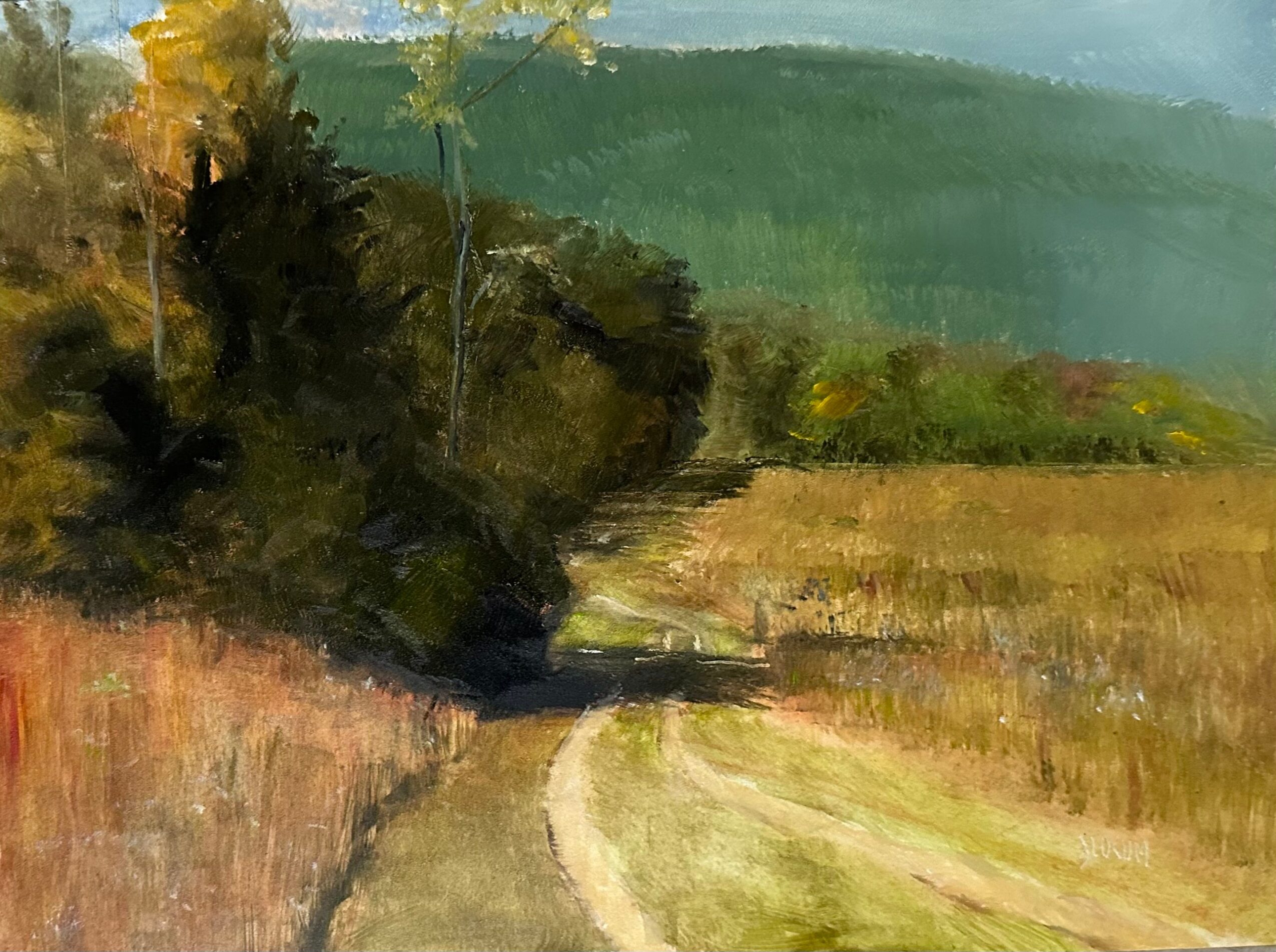 Landscape with trees, a dirt path, and open fields under a blue sky, painted in an impressionistic style.