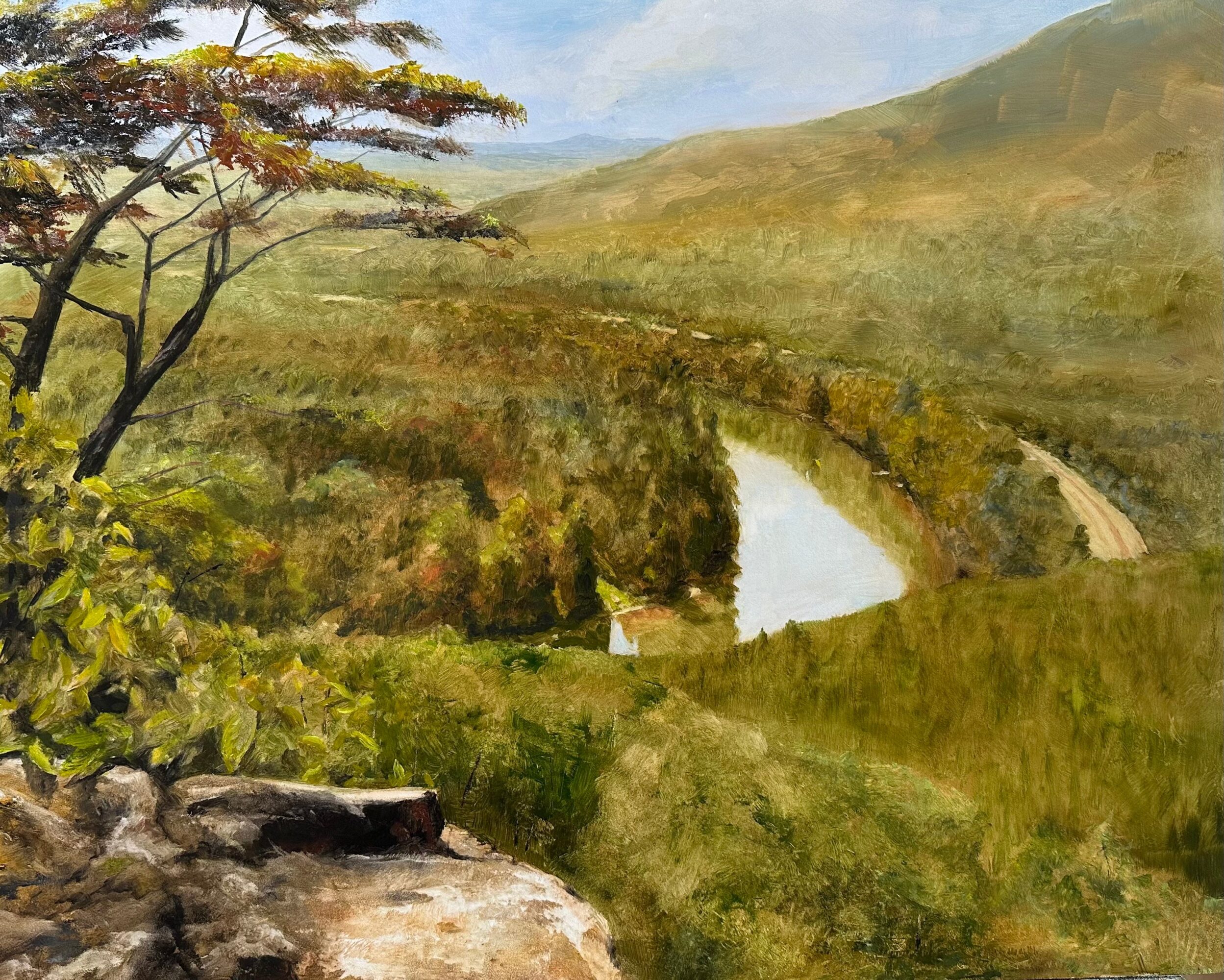 Landscape with trees, river, hills, and a bridge, painted in a watercolor style, with a cloudy sky.