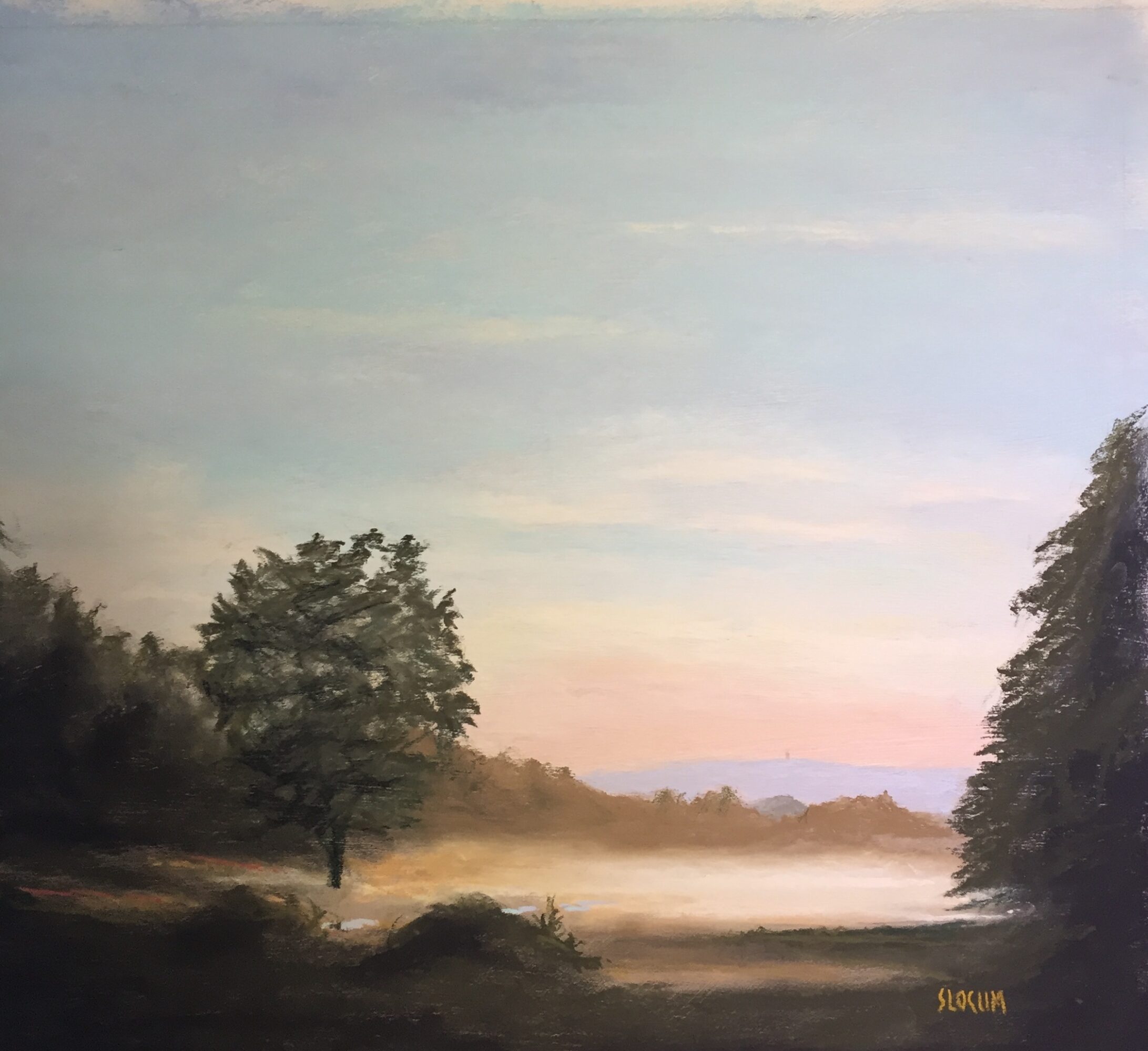 Landscape painting of trees, sky, and misty horizon at dawn or dusk, with soft pastel colors and natural scenery.