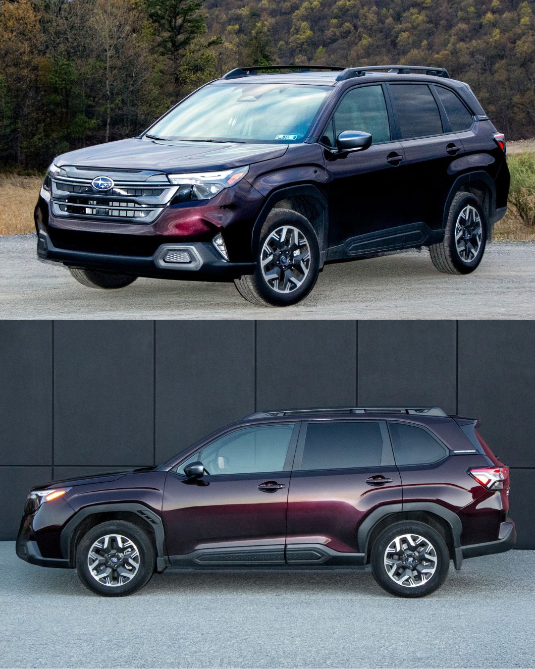 Black SUV parked outdoors with trees in the background, viewed from the front and side, with a sleek design and tinted windows.