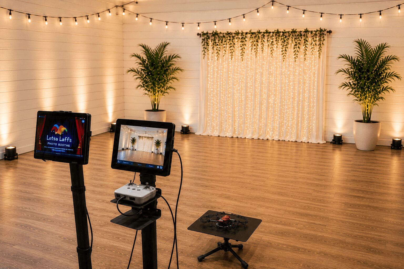 Empty event space with wooden floor, string lights, potted plants, and a backdrop with curtains and greenery.