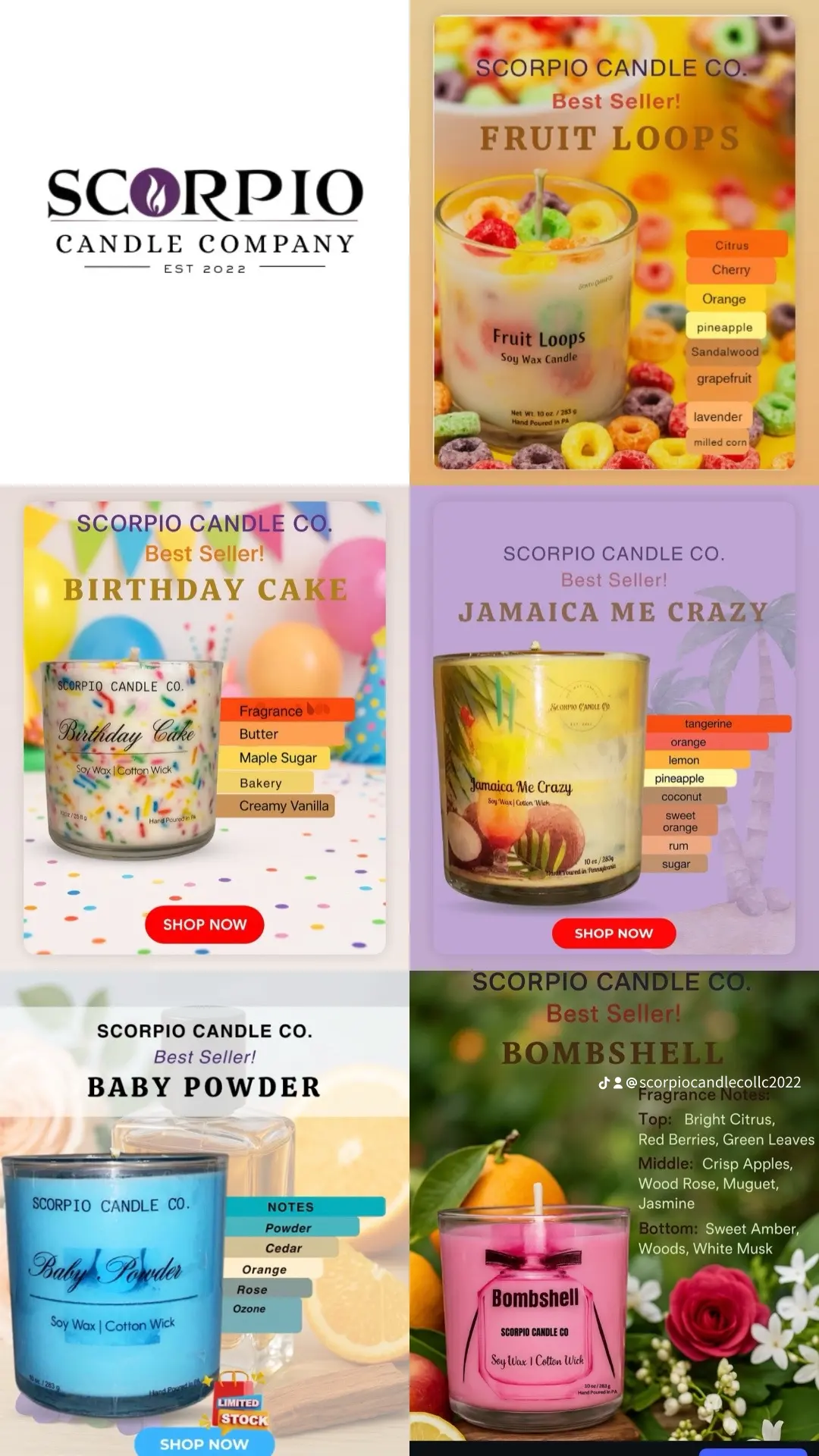 Four colorful candle product images with labels and descriptions, including birthday, fruit, Jamaica, baby powder, and bombshell scents.