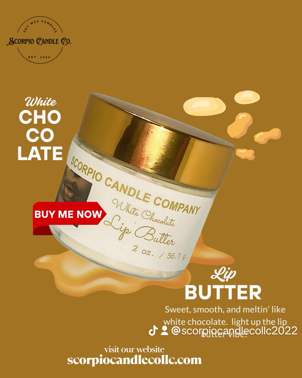 Open jar of lip butter with spilled product, gold lid, and text about lip butter and website, on a brown background.
