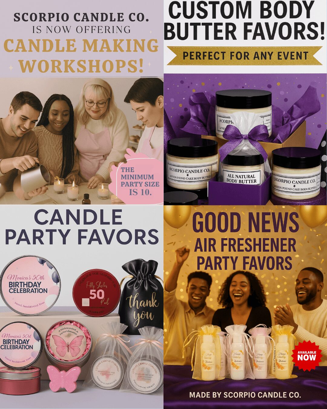 Four images advertising candle workshops, body butter, candle party favors, and air fresheners with groups of people smiling.