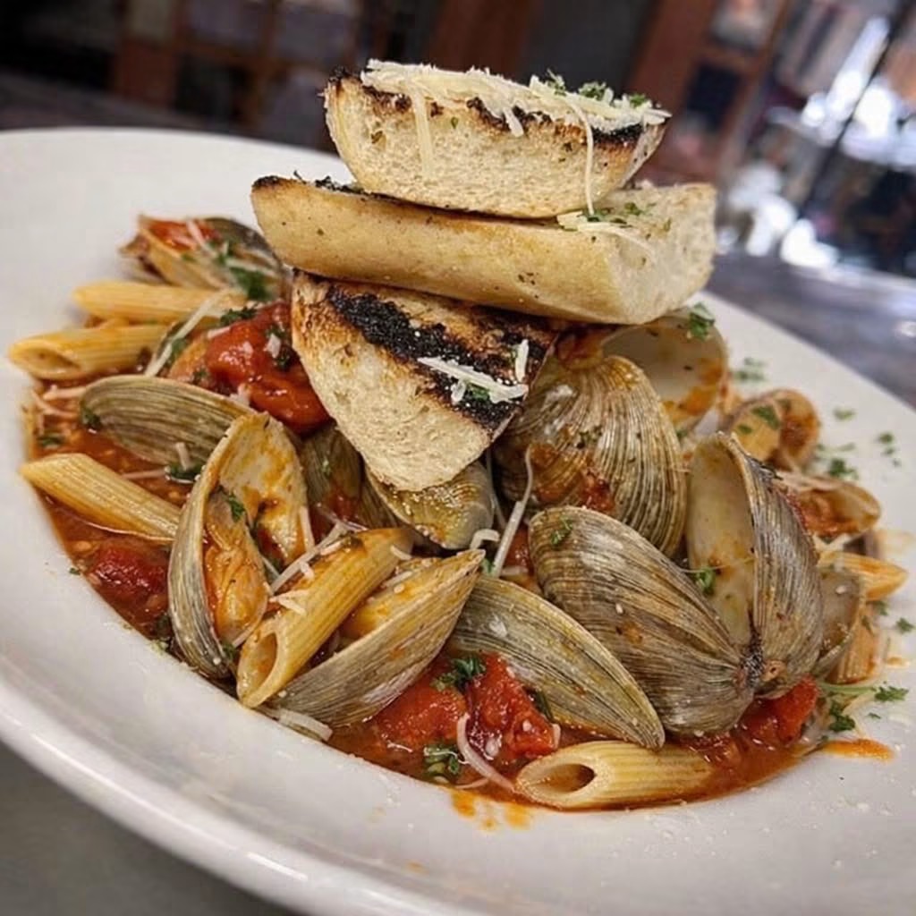 Pasta with clams, tomato sauce, and toasted bread on top in a white bowl, in a restaurant setting.
