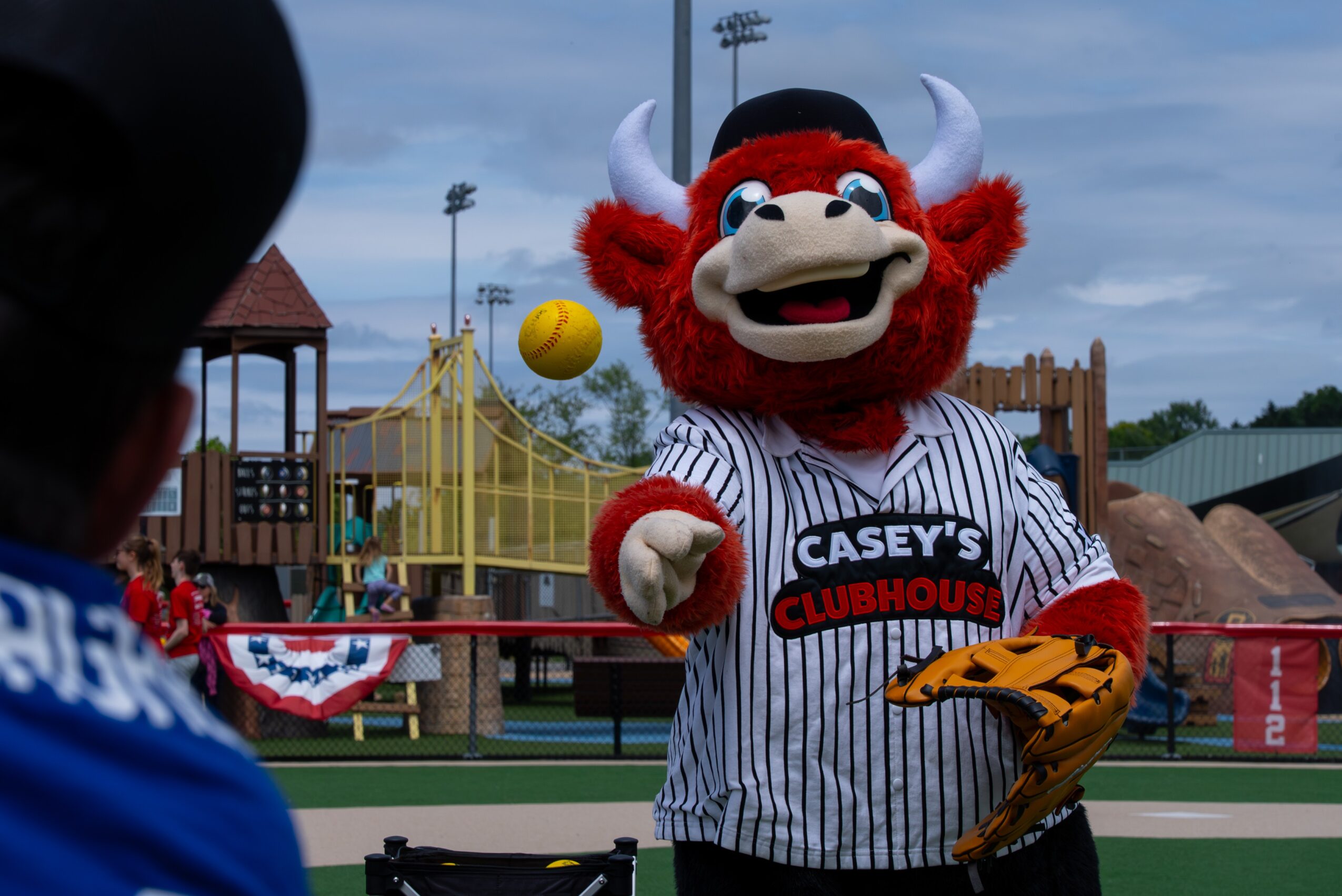 Mascot dressed as a red bull with horns, wearing a baseball jersey, holding a baseball glove and ball at a sports field.