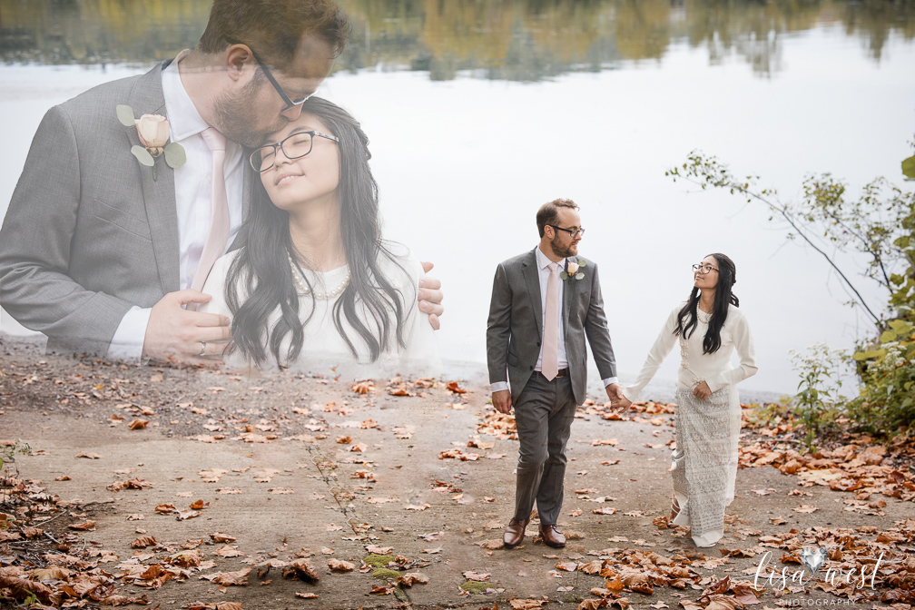 A couple walking hand in hand near a lake with trees, holding hands and smiling, with a large overlay of a man and woman close-up. Word count: 20