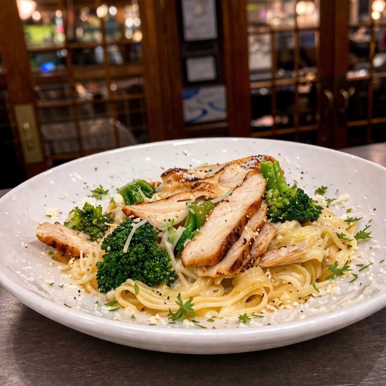 Plate of pasta with grilled chicken, broccoli, and herbs on a dark table, restaurant interior in background.