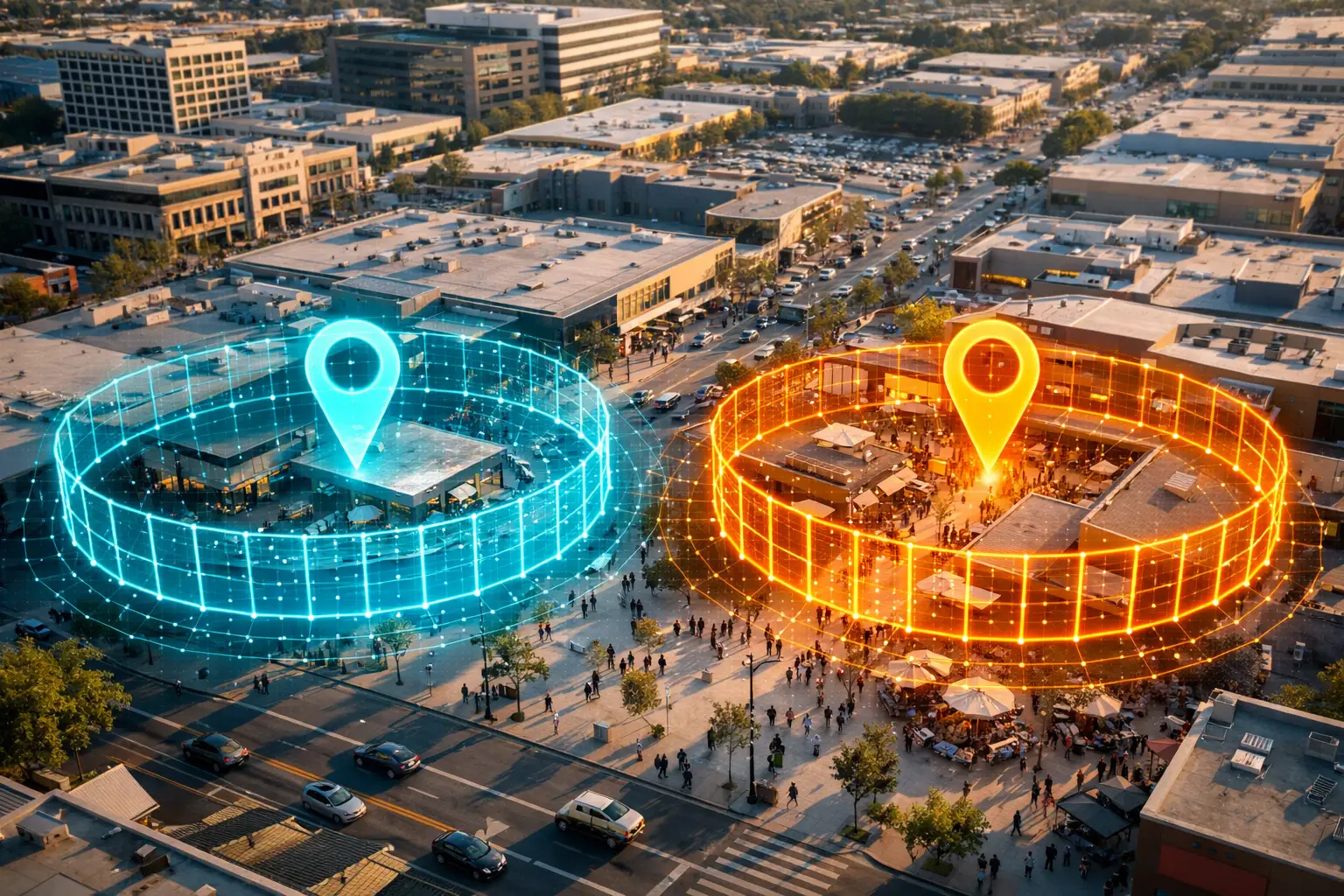 Aerial view of a city with two holographic circles, one blue and one orange, surrounding buildings and streets.
