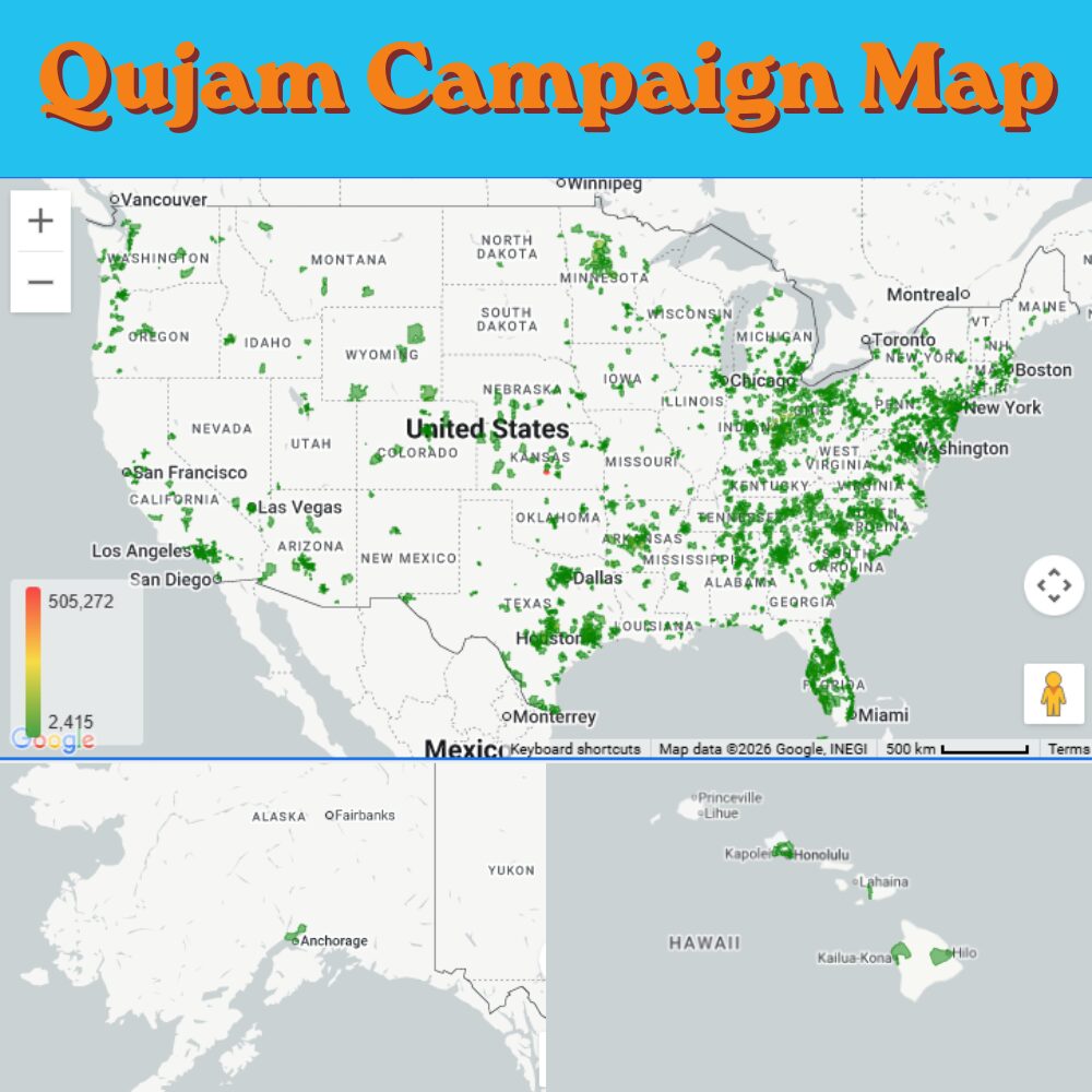 Map showing Quajam campaign locations across the United States and Mexico with green dots, title in orange text at top.