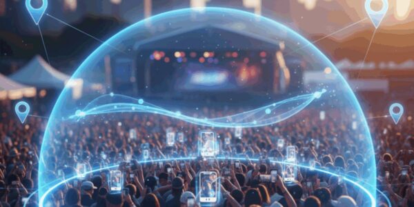 Crowd of people at a concert or event with digital holographic display and blue light effects.