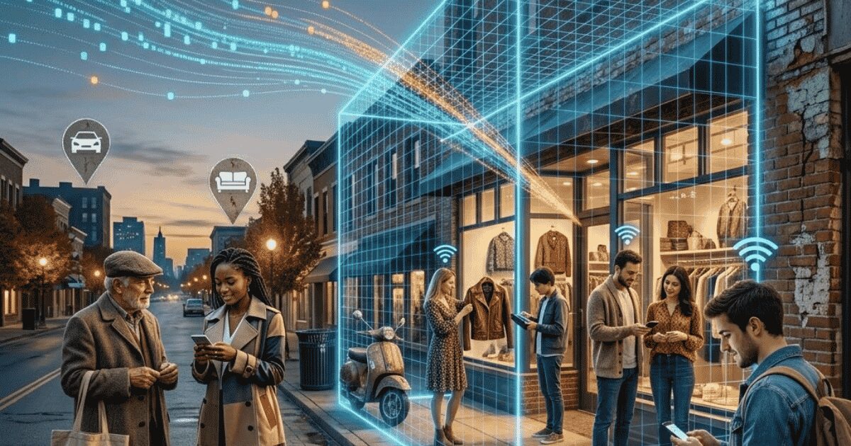 People using smartphones outside a building with digital signals and holographic technology overlay, cityscape in background.
