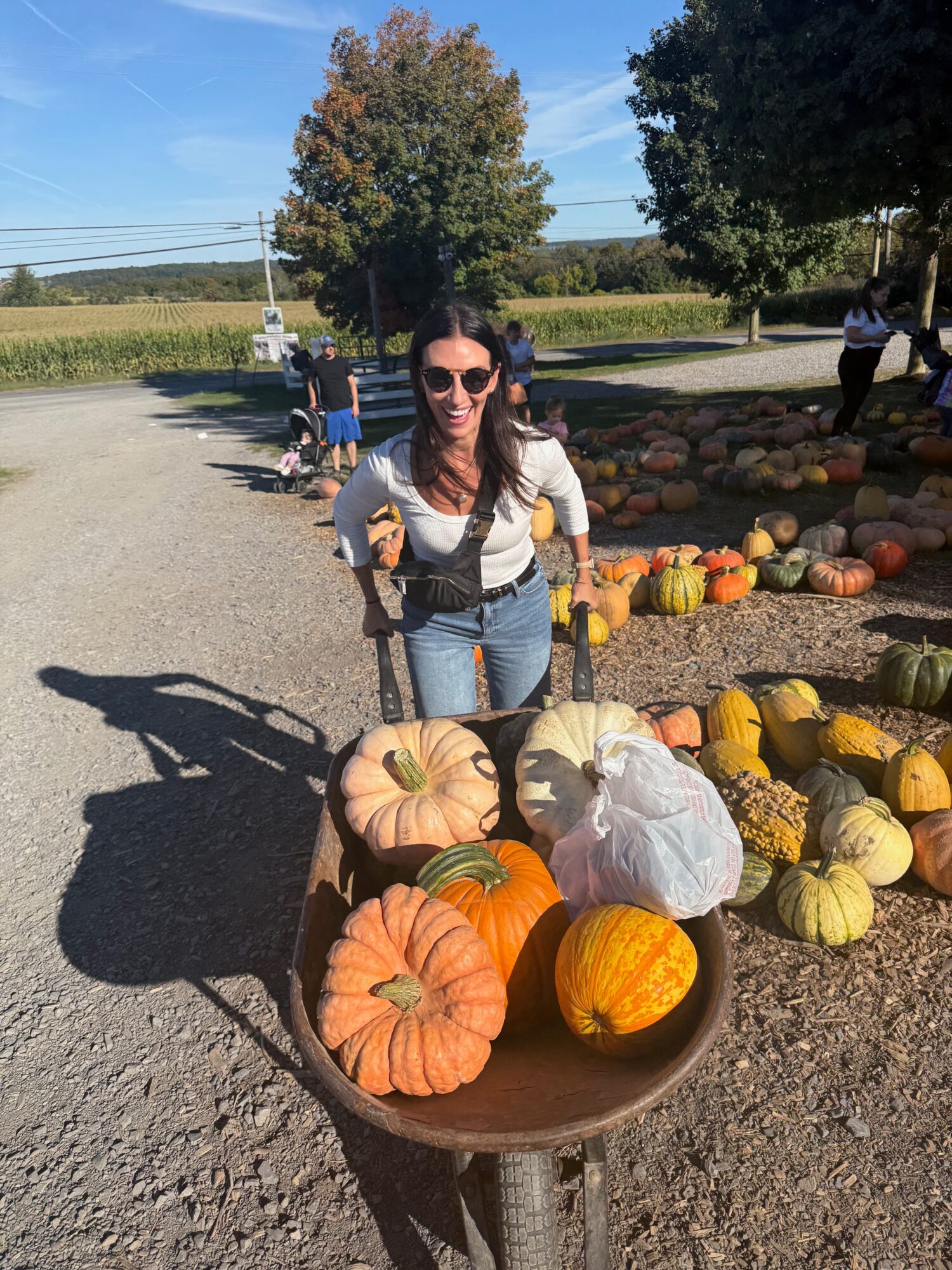 Woman with sunglasses and long dark hair standing outdoors with a cart of pumpkins, surrounded by fall decorations and trees.