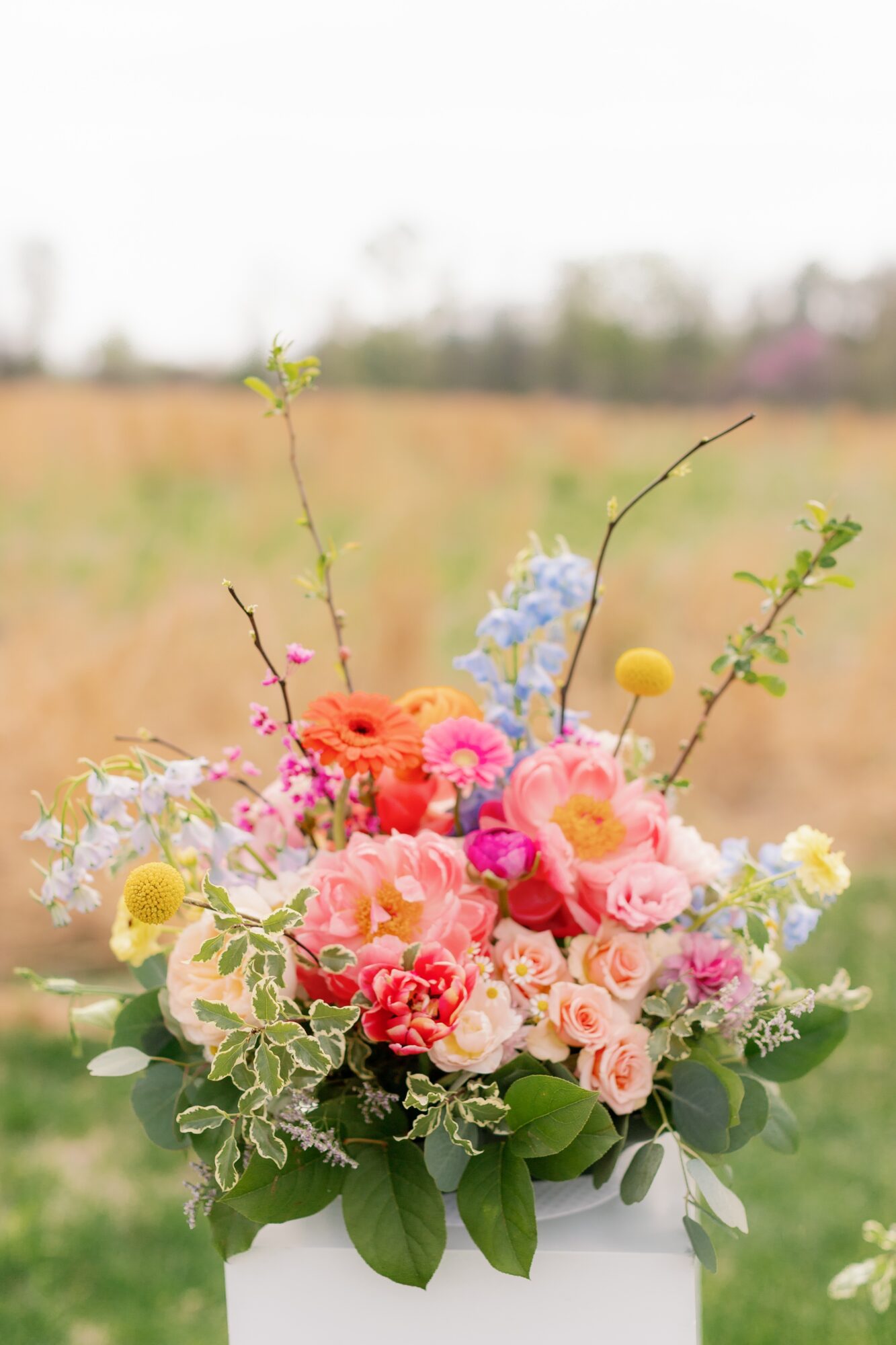 Colorful flower bouquet with pink, yellow, and white flowers in a white vase outdoors, blurred background of grass and sky.