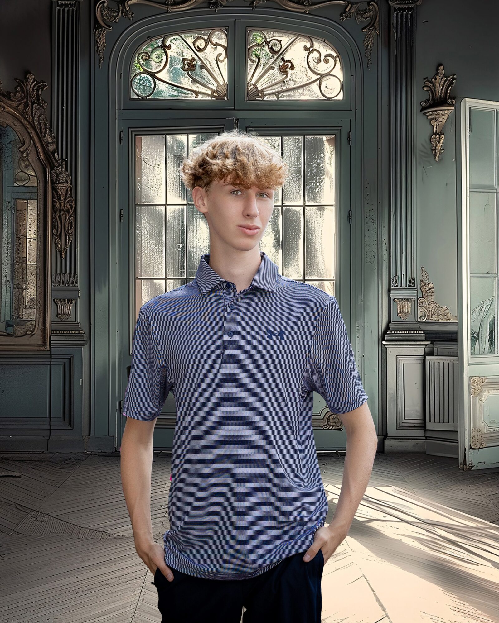 Young person with curly hair in a blue striped polo shirt standing in a room with ornate decor and large window.
