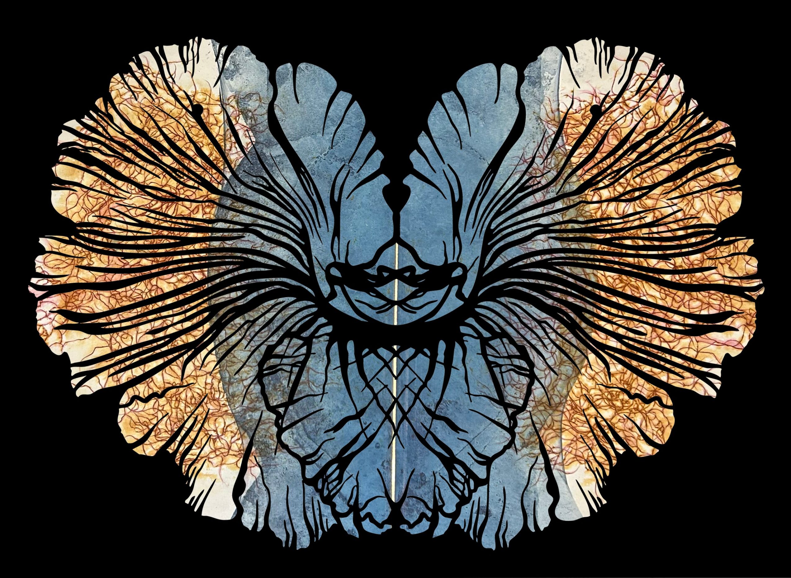 Butterfly with wings resembling tree branches and watercolor textures in blue, orange, and beige colors.