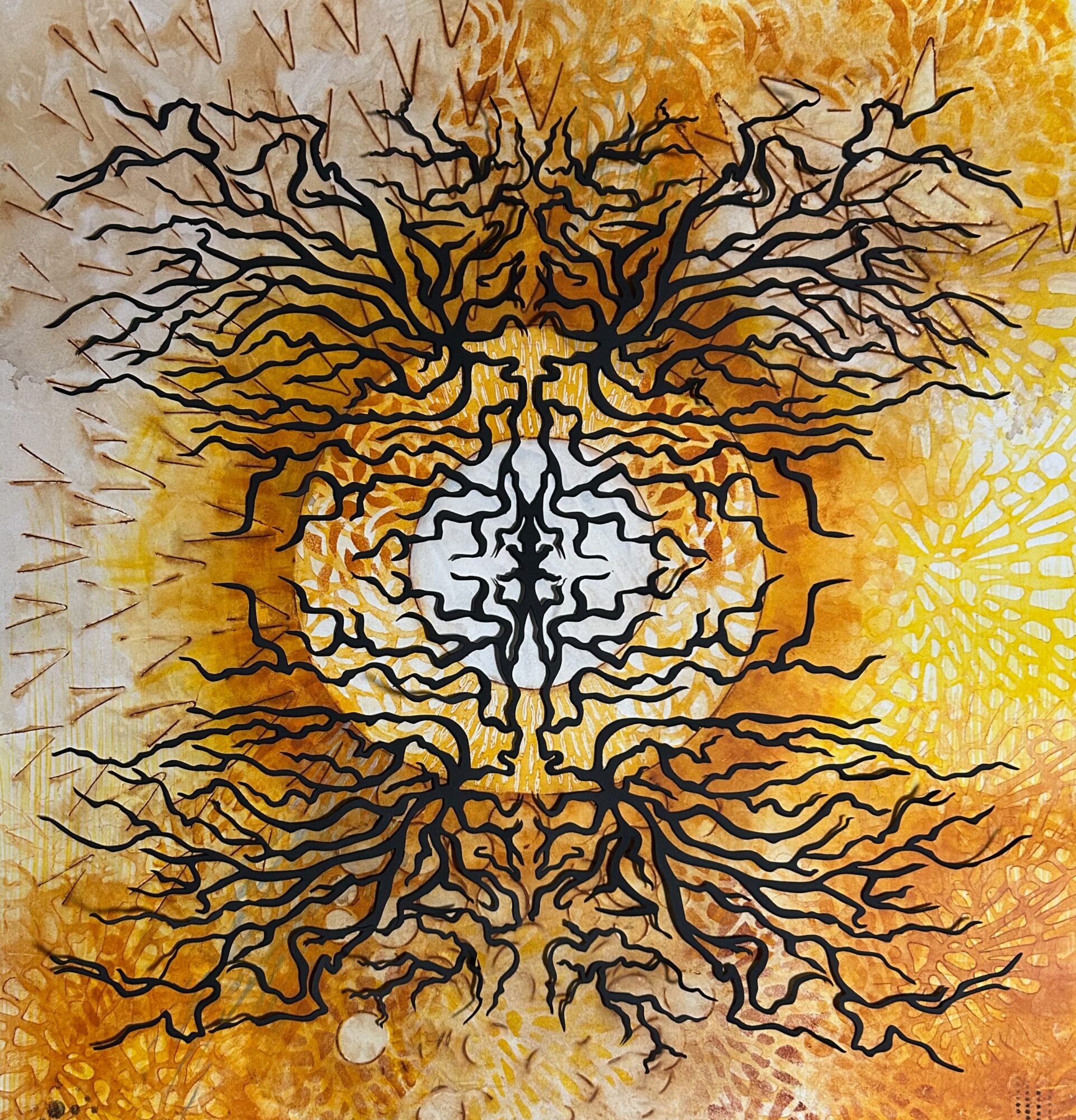 Intricate black tree-like pattern with a white central design on a warm yellow-orange background.