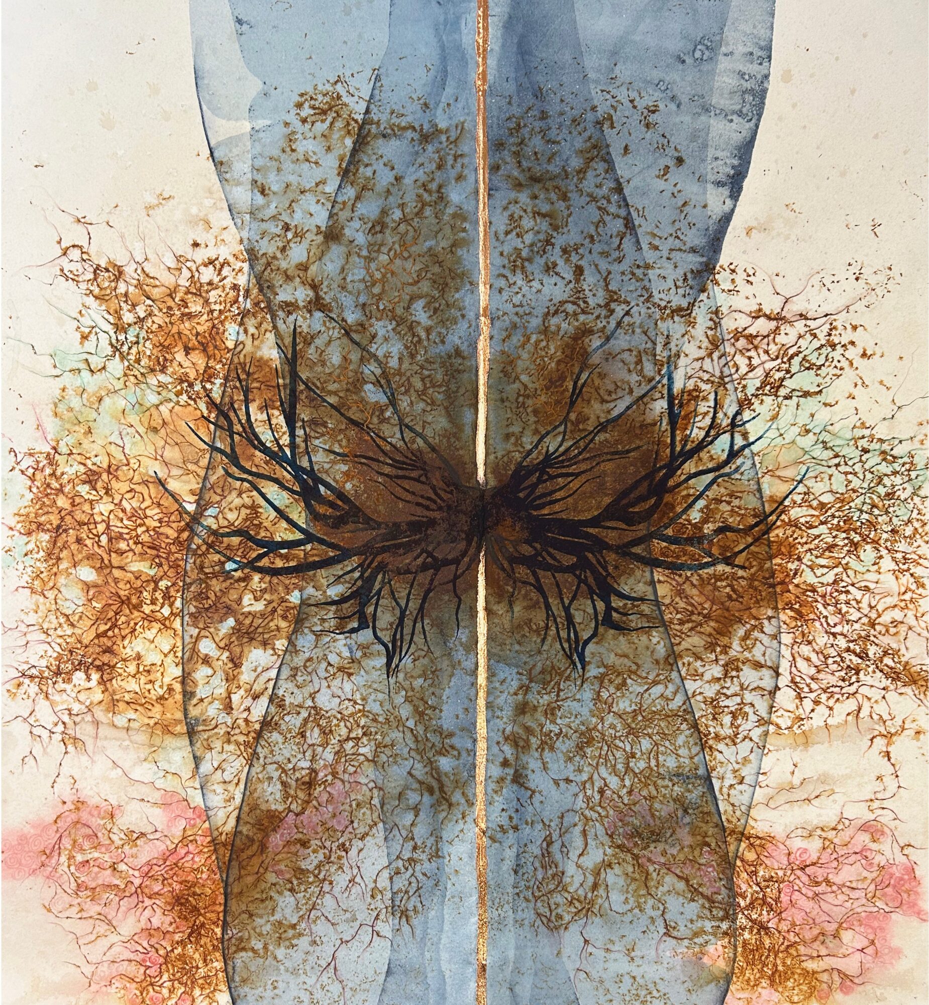 Symmetrical abstract artwork with tree-like branches and butterfly wings, featuring earthy tones and mirrored design.