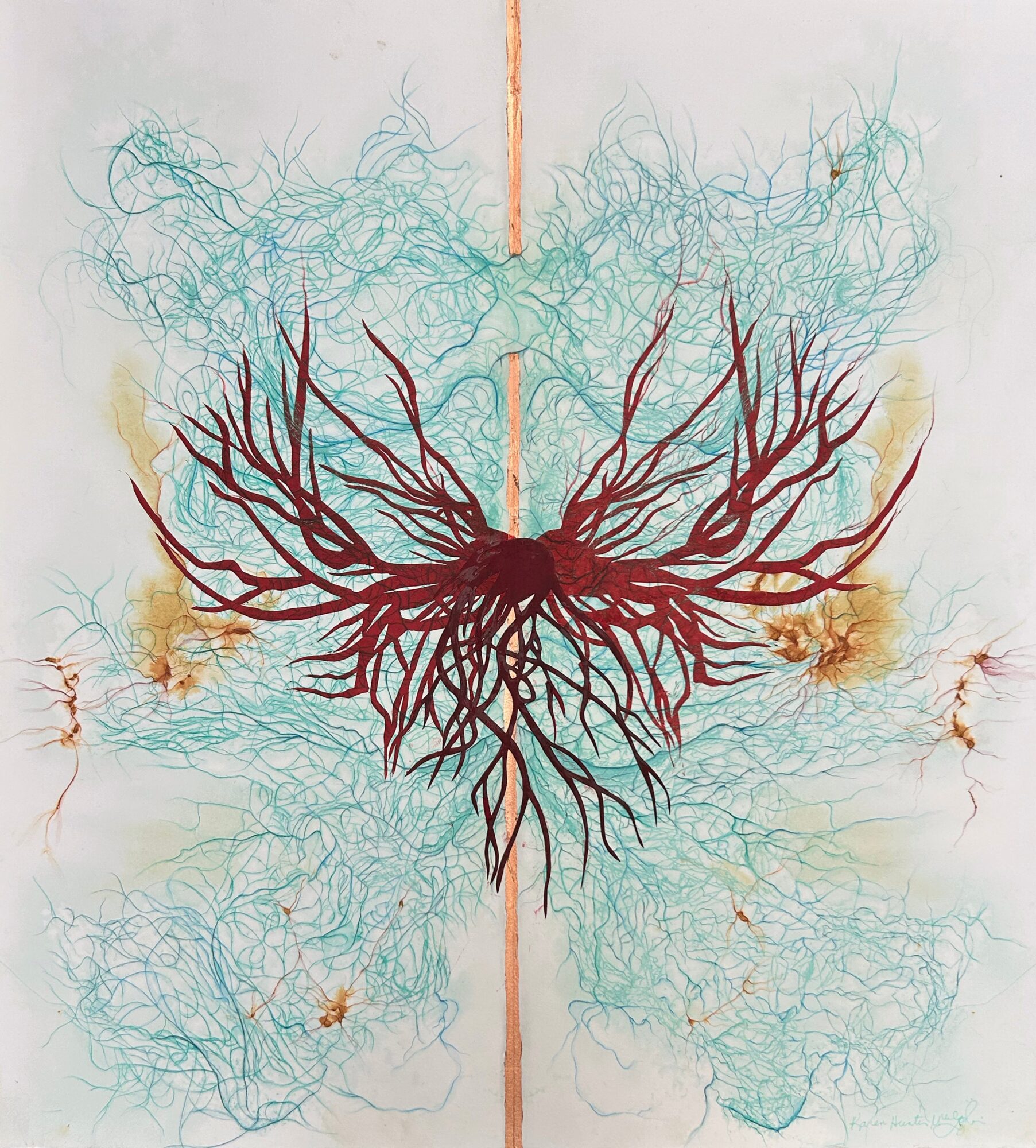 Symmetrical illustration of a heart with branching red and blue lines, resembling tree roots or blood vessels, on a light background.
