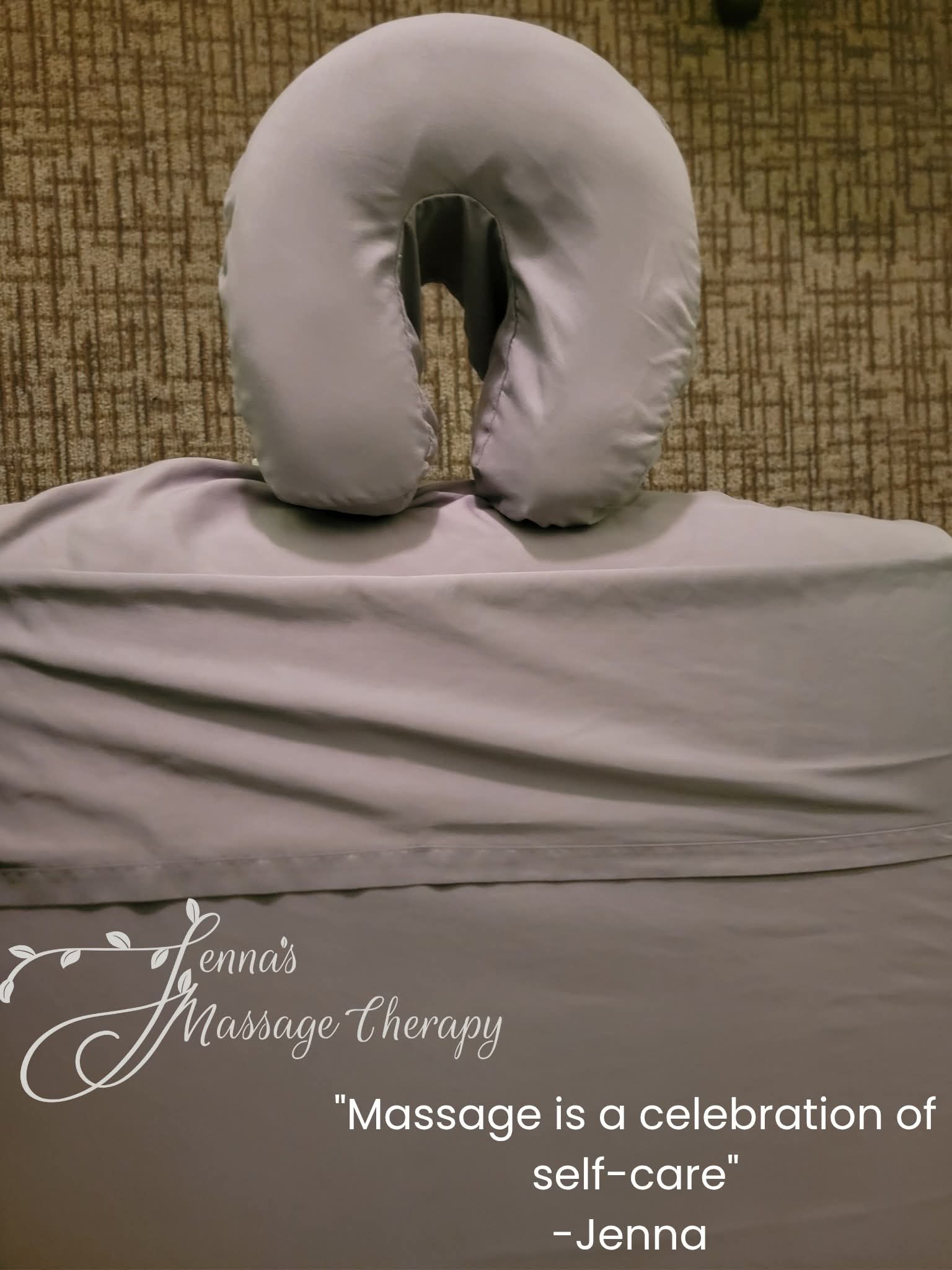 U-shaped pillow on a bed with a white sheet, patterned carpet background, and text about massage therapy and self-care.