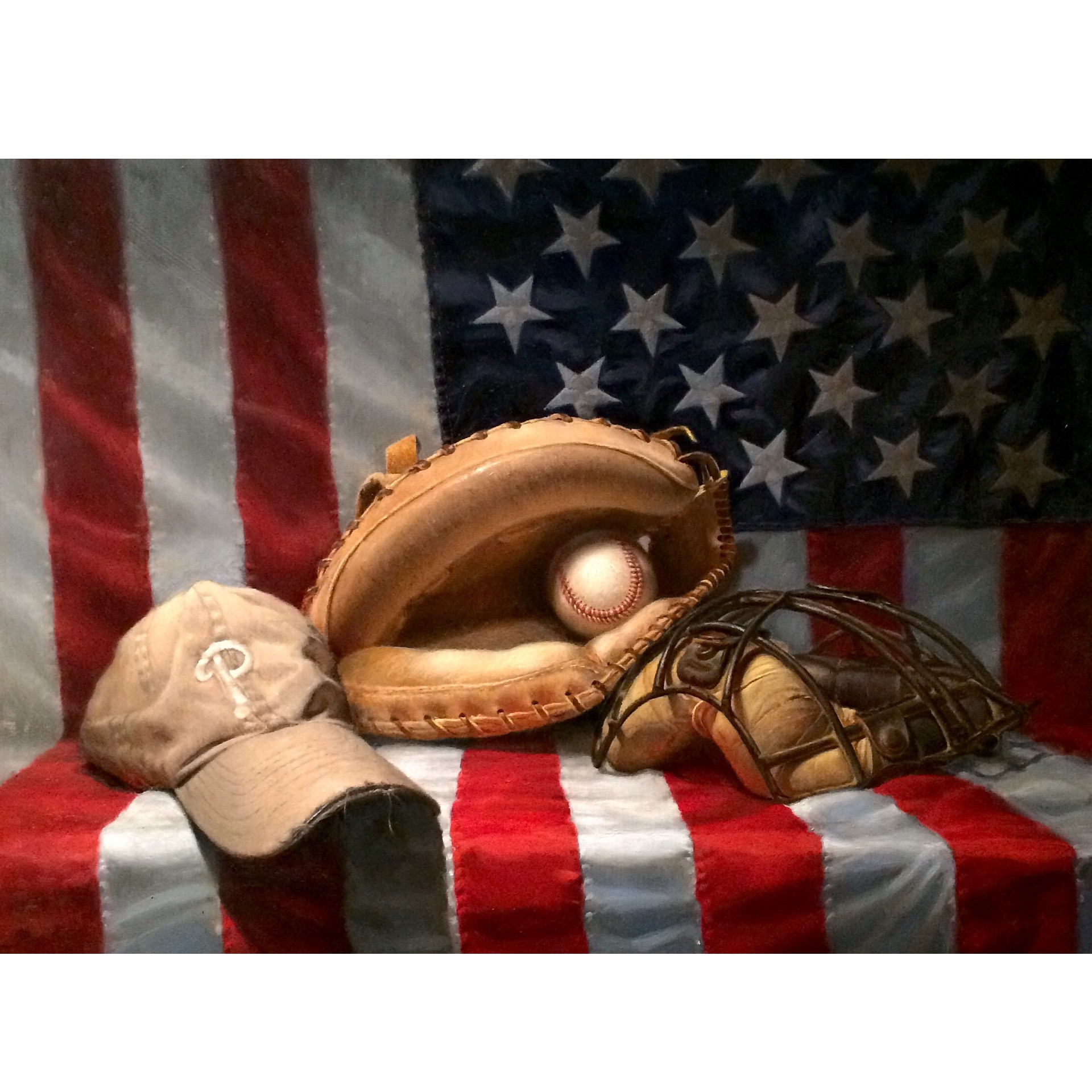 Baseball glove, cap, and mitt on an American flag background, with a star-spangled cloth behind. Words are not visible. 20 words.