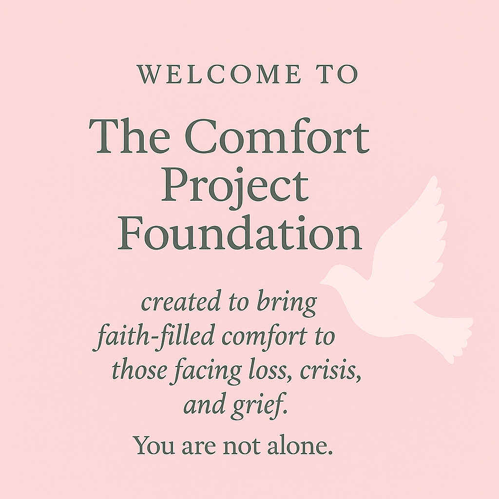 Pink background with white dove silhouette and text about The Comfort Project Foundation offering faith-filled comfort. Word count: 24.
