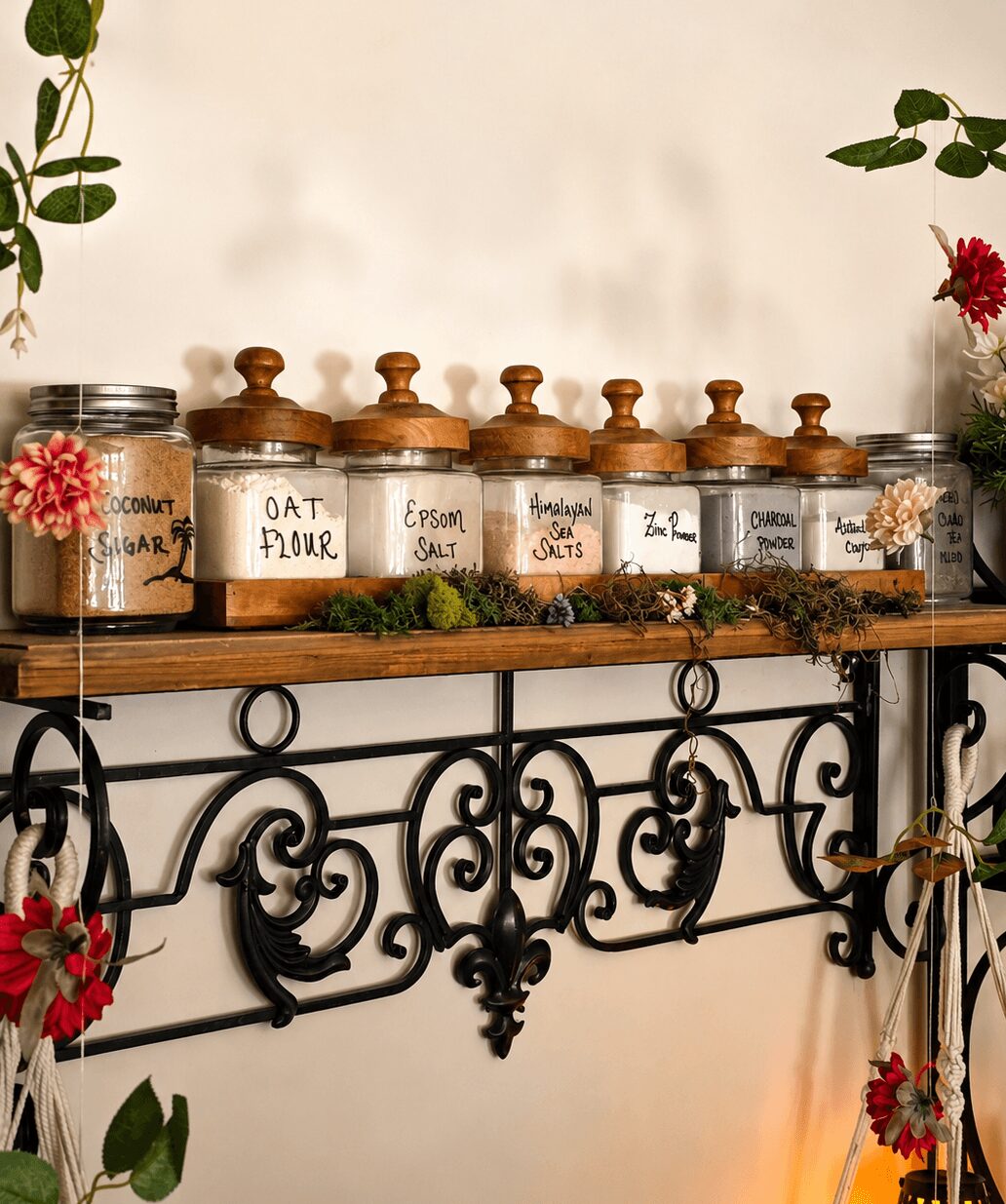 Shelf with labeled jars of sugar, flour, salt, and spices, decorated with flowers and greenery, against a plain wall.