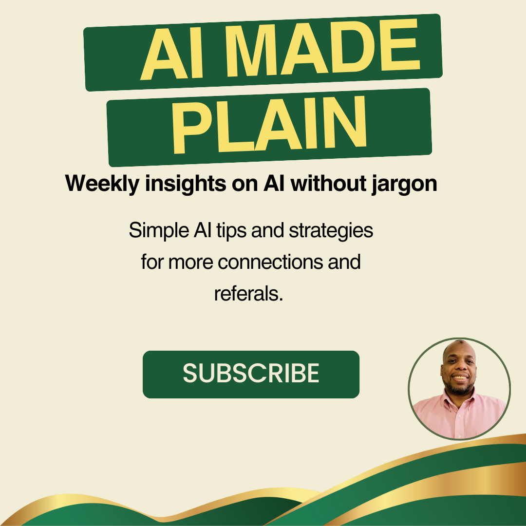 Text-based cover with green and gold design, promoting weekly insights on AI without jargon, including a subscribe button and a person's photo.