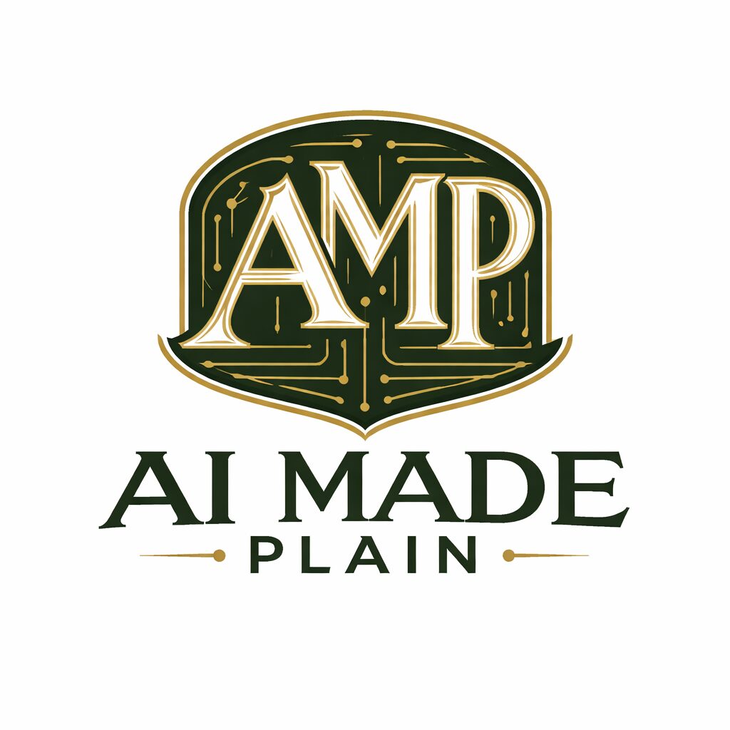 Logo with the text 'AMP' in large stylized letters and 'AI MADE PLAIN' below, featuring circuit-like design elements.