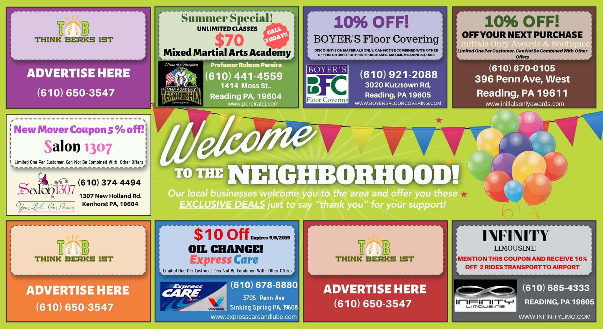 Colorful neighborhood welcome sign with various advertisements and offers, including discounts and store information.