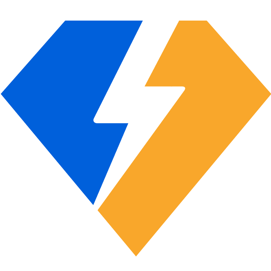 A logo with a blue and orange lightning bolt, separated by a white space, on a white background.