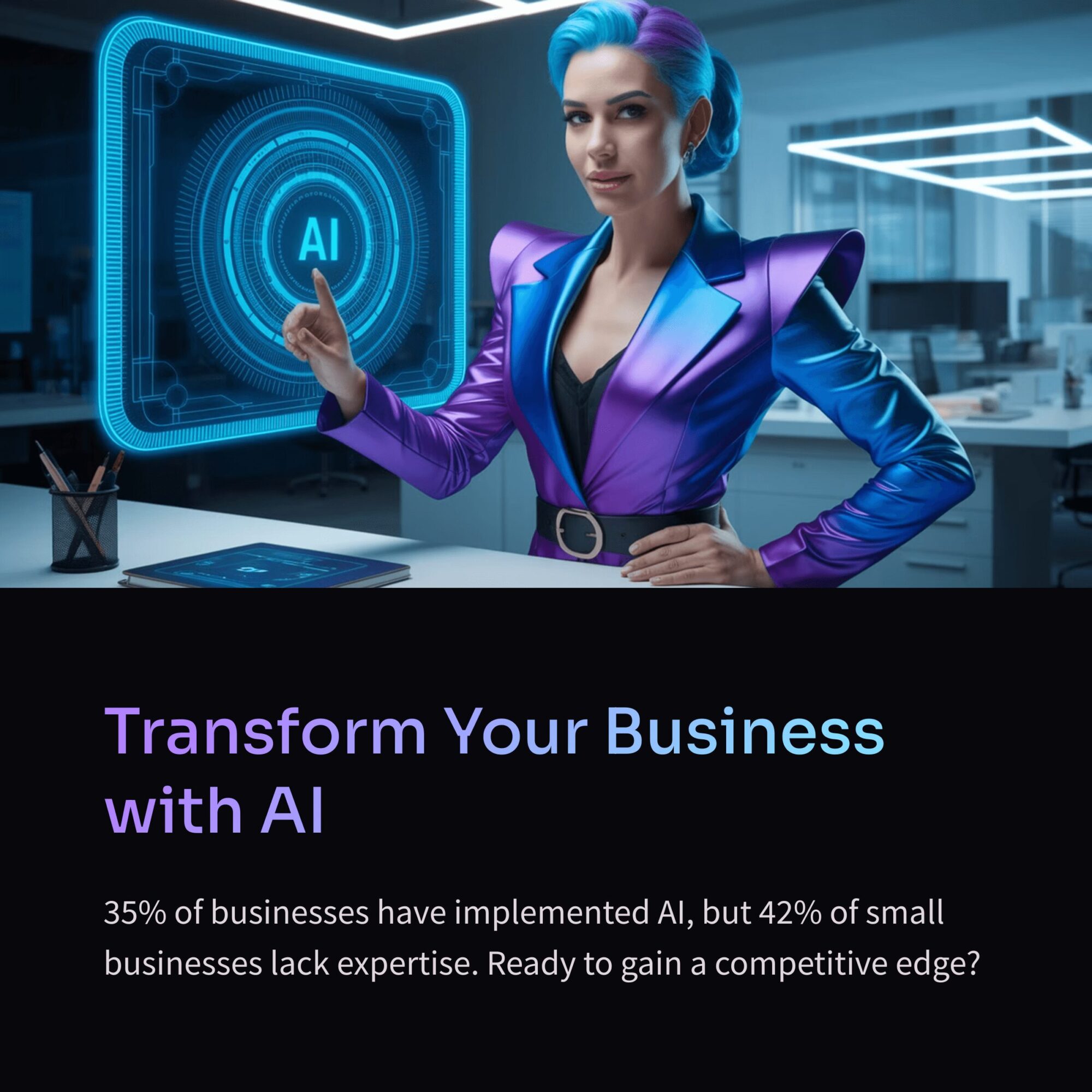 Woman with blue and purple hair interacts with AI interface in a high-tech office. Text promotes AI for business transformation.