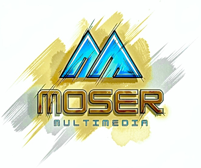 Logo with stylized blue mountains, the word 'Moser' in gold, and 'Multimedia' below, on a colorful brushstroke background.
