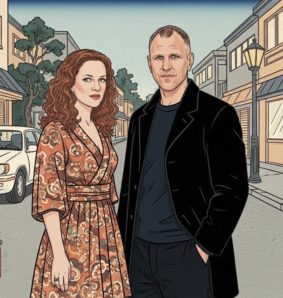 A man and woman stand on a city street with buildings, trees, and cars in the background.