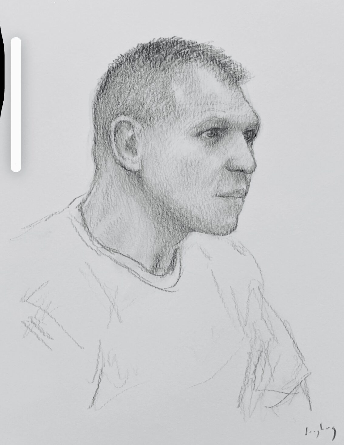 Sketch of a man in profile with short hair, wearing a T-shirt, facing right.