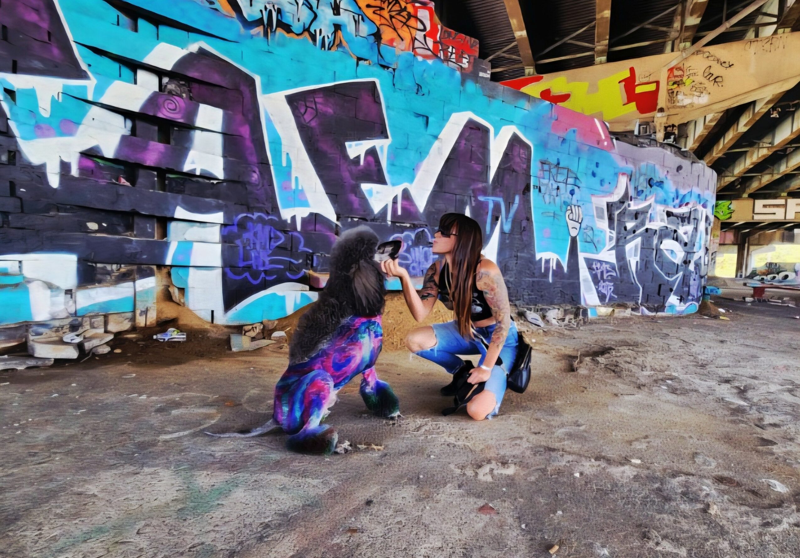Two women with a dog in front of a colorful graffiti wall under a bridge, ground is dirt and concrete.
