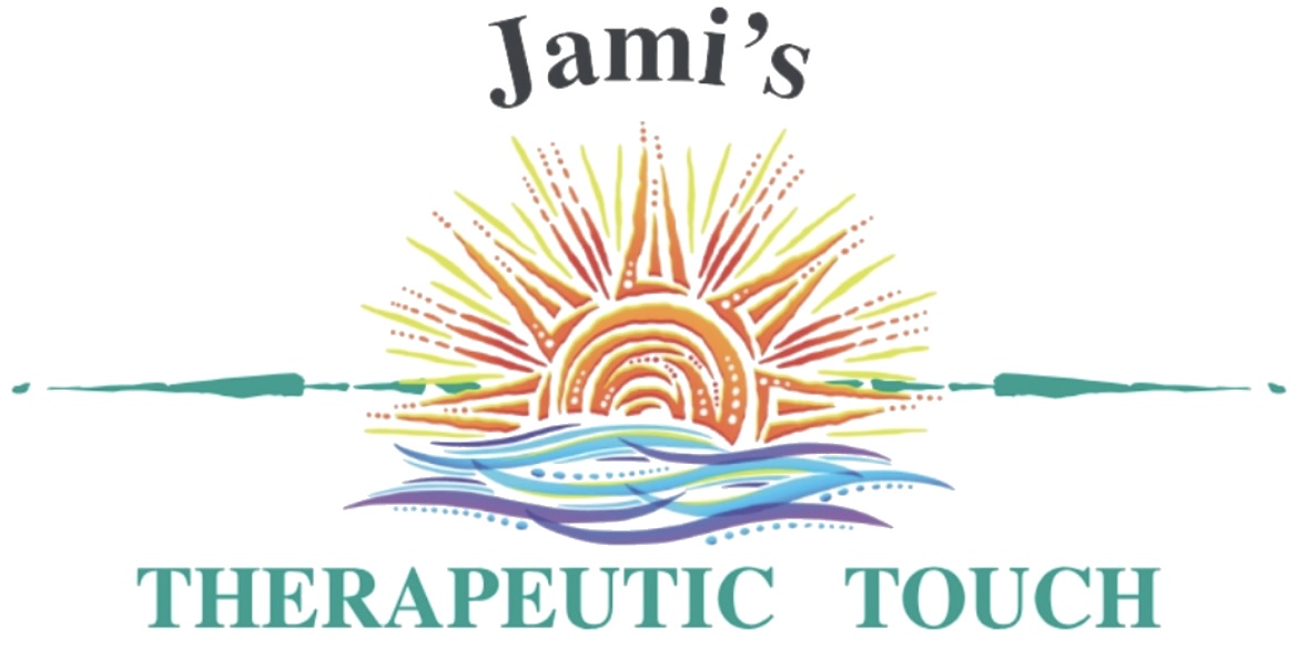 Sunrise over water with rays, waves, and the text 'Jami's Therapeutic Touch'.