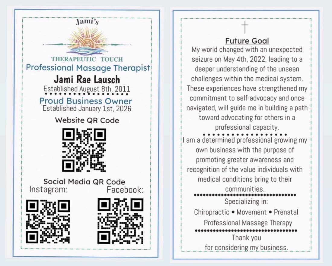 Business card with name, title, contact info, and QR codes, and a page with a future goal statement and specialties.