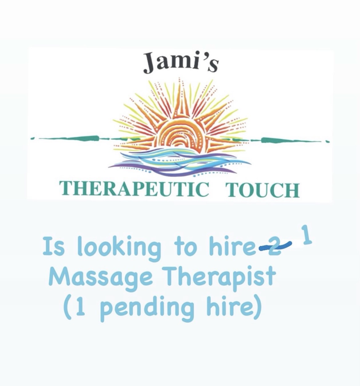 Advertisement for Jami's Therapeutic Touch seeking to hire a massage therapist, with a sun and water design, and text about hiring.