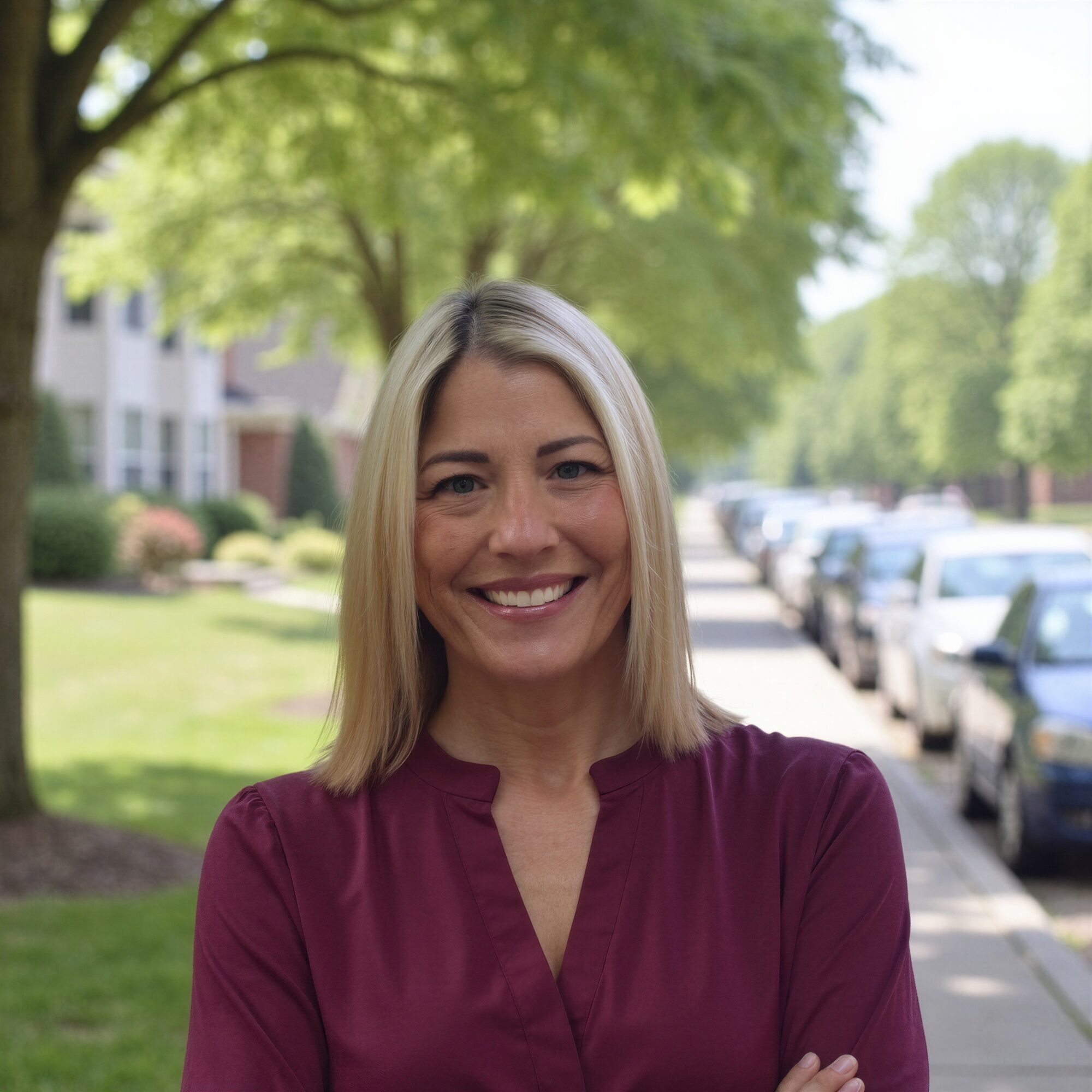 Smiling woman with shoulder-length blonde hair outdoors, trees and parked cars in background.