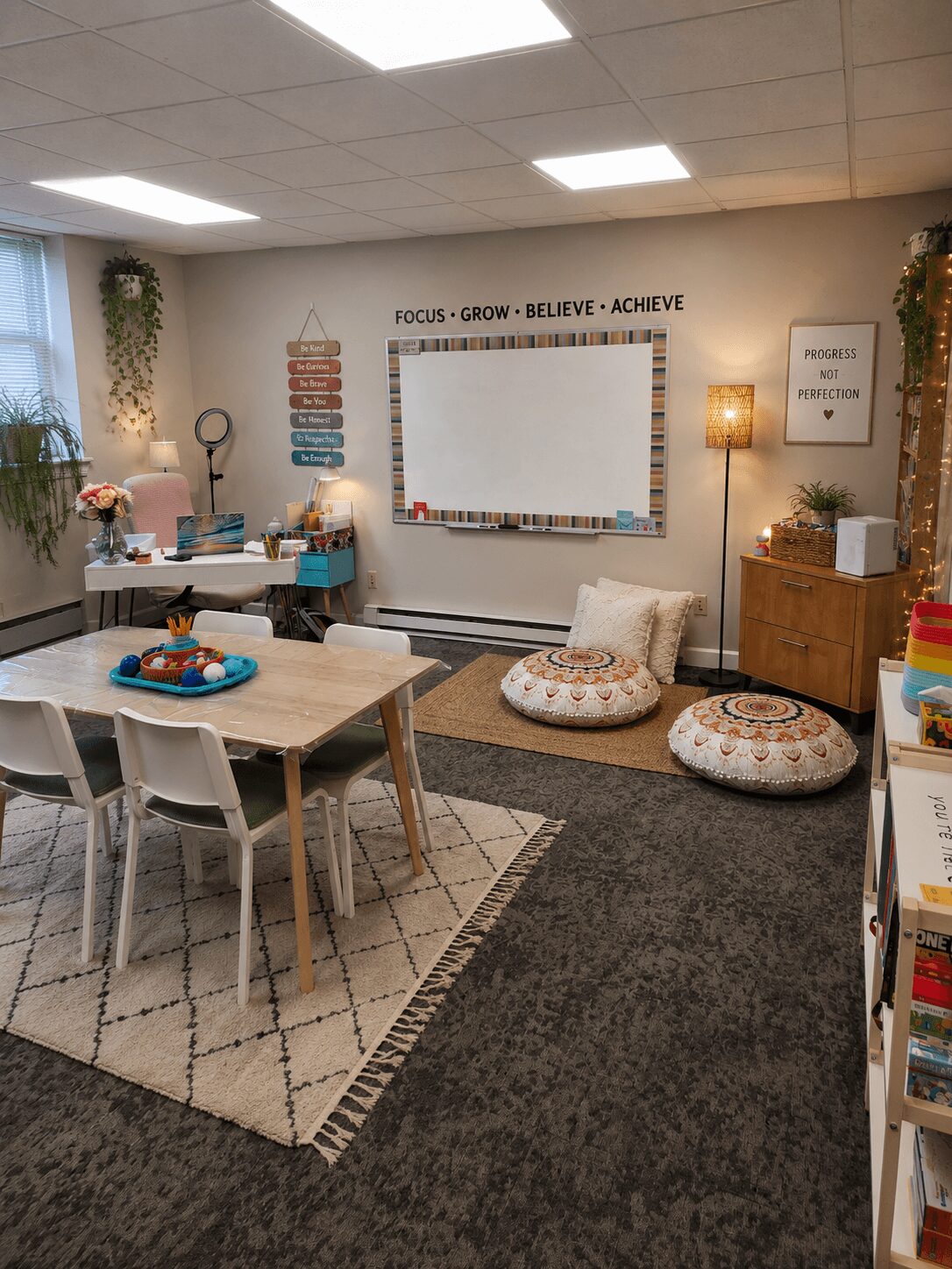 Classroom with a whiteboard, table with chairs, bean bags, bookshelf, and decorative items, well-lit with ceiling lights.
