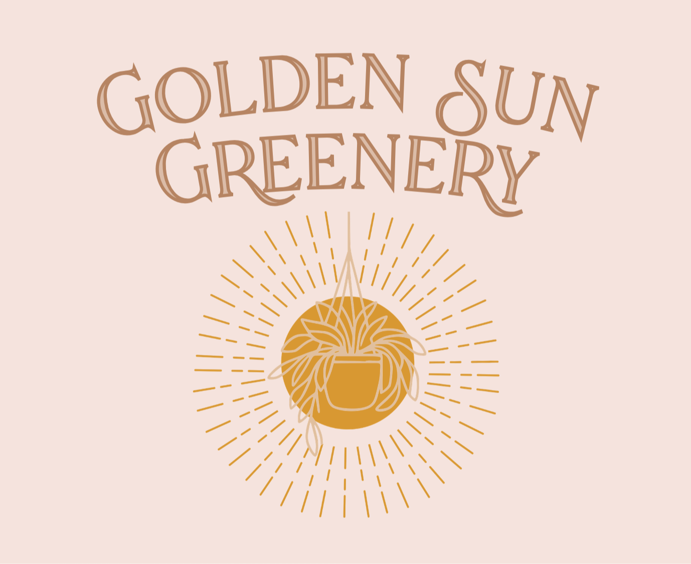 Text reads 'GOLDEN SUN GARDENERY' above a stylized sun with a face, surrounded by radiating lines.