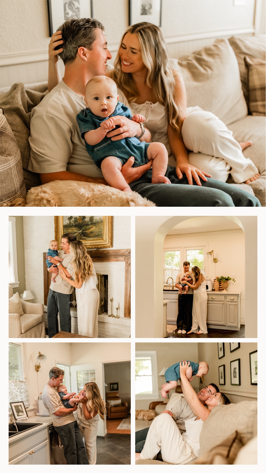 Family of four sitting on a couch, smiling and playing together in a cozy living room.