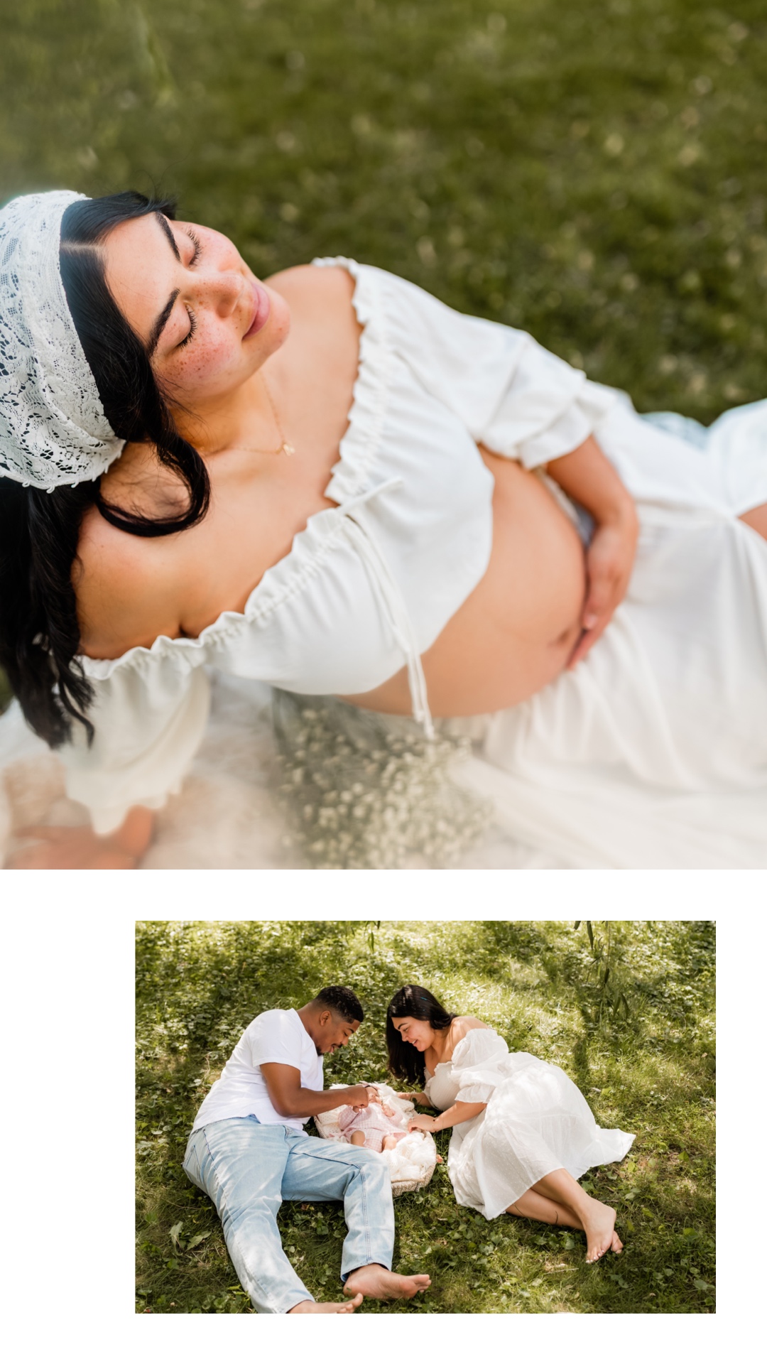 Woman lying on grass, smiling, wearing a white dress and lace headband; couple sitting on grass, holding hands, outdoors.