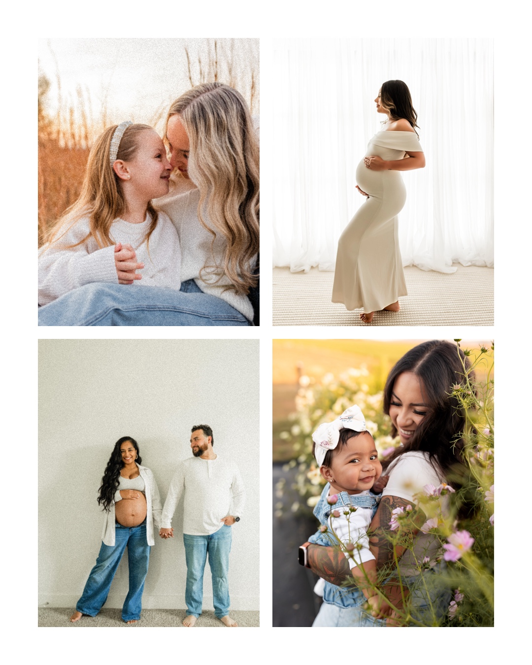 Four images: a woman and girl touching noses, pregnant woman standing, couple with pregnant woman, woman holding child outdoors.