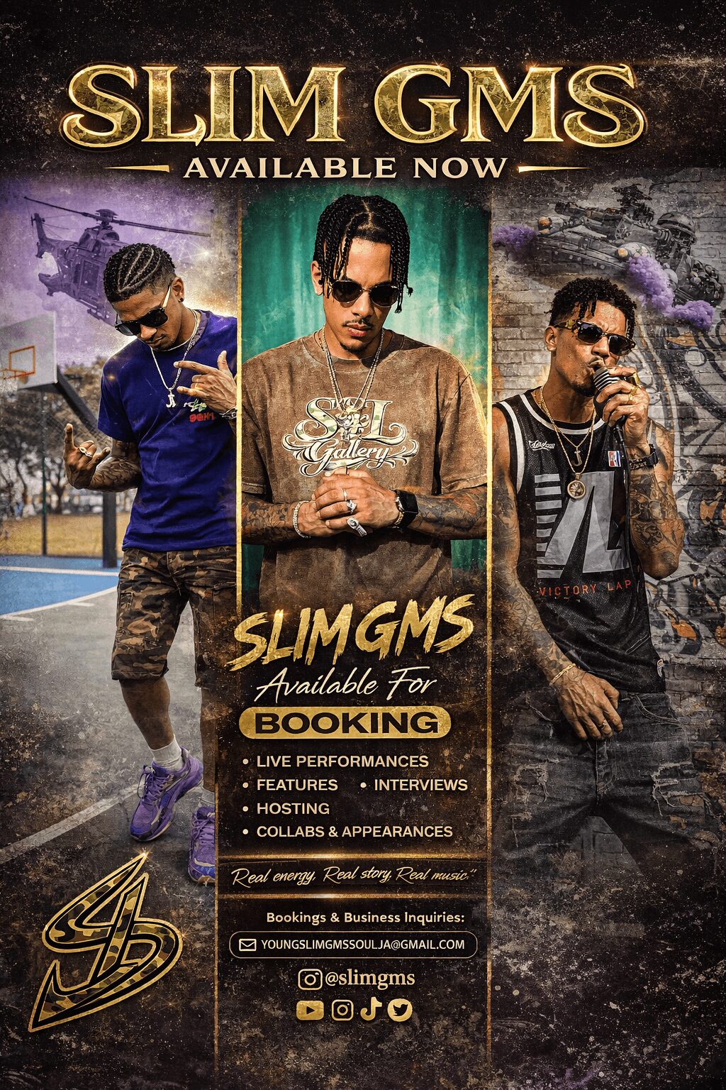 Promotional poster for Slim GMS featuring three men, event details, and social media icons.