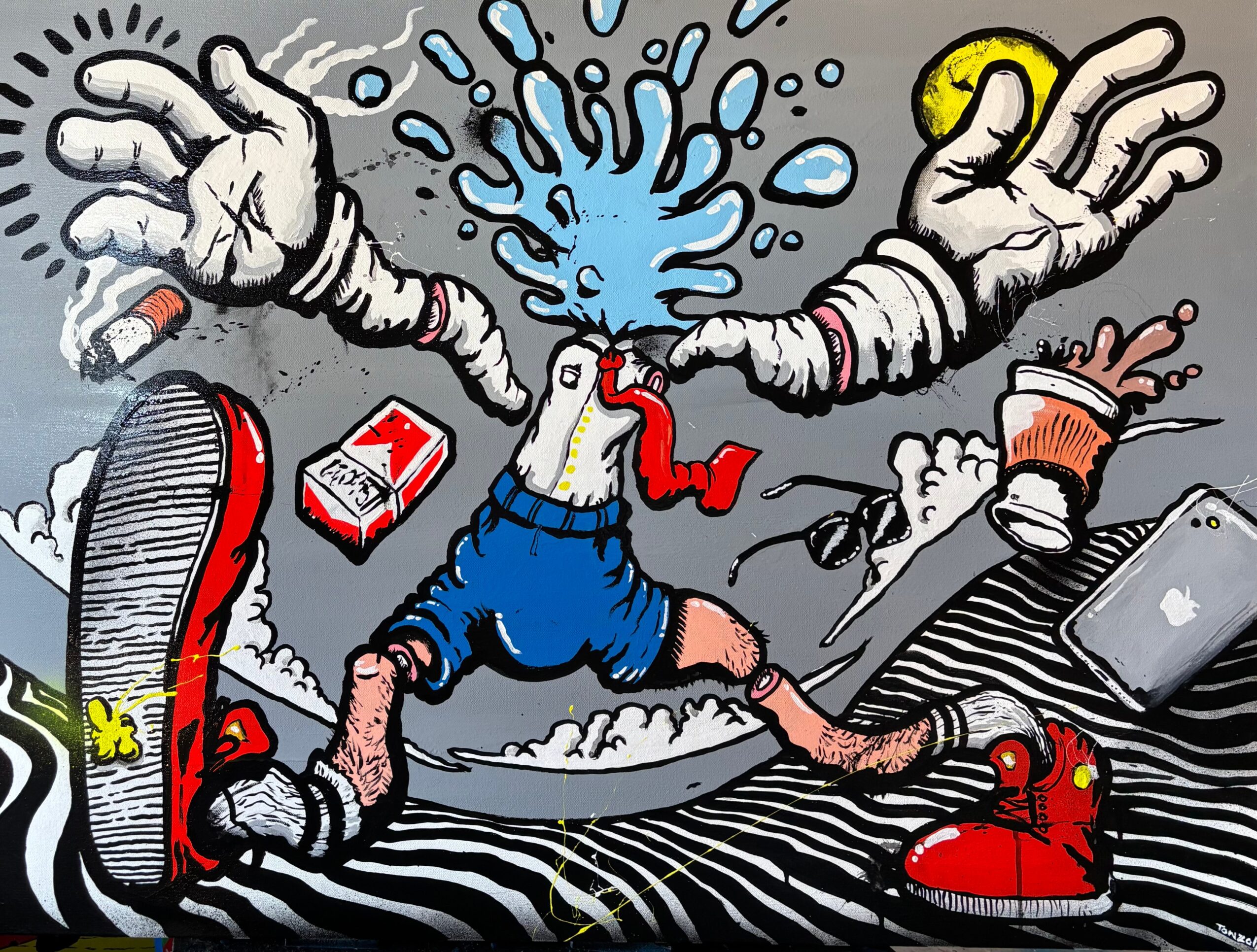 Person with water splashing from head, surrounded by shoes, a phone, and a coffee cup, on a striped surface.