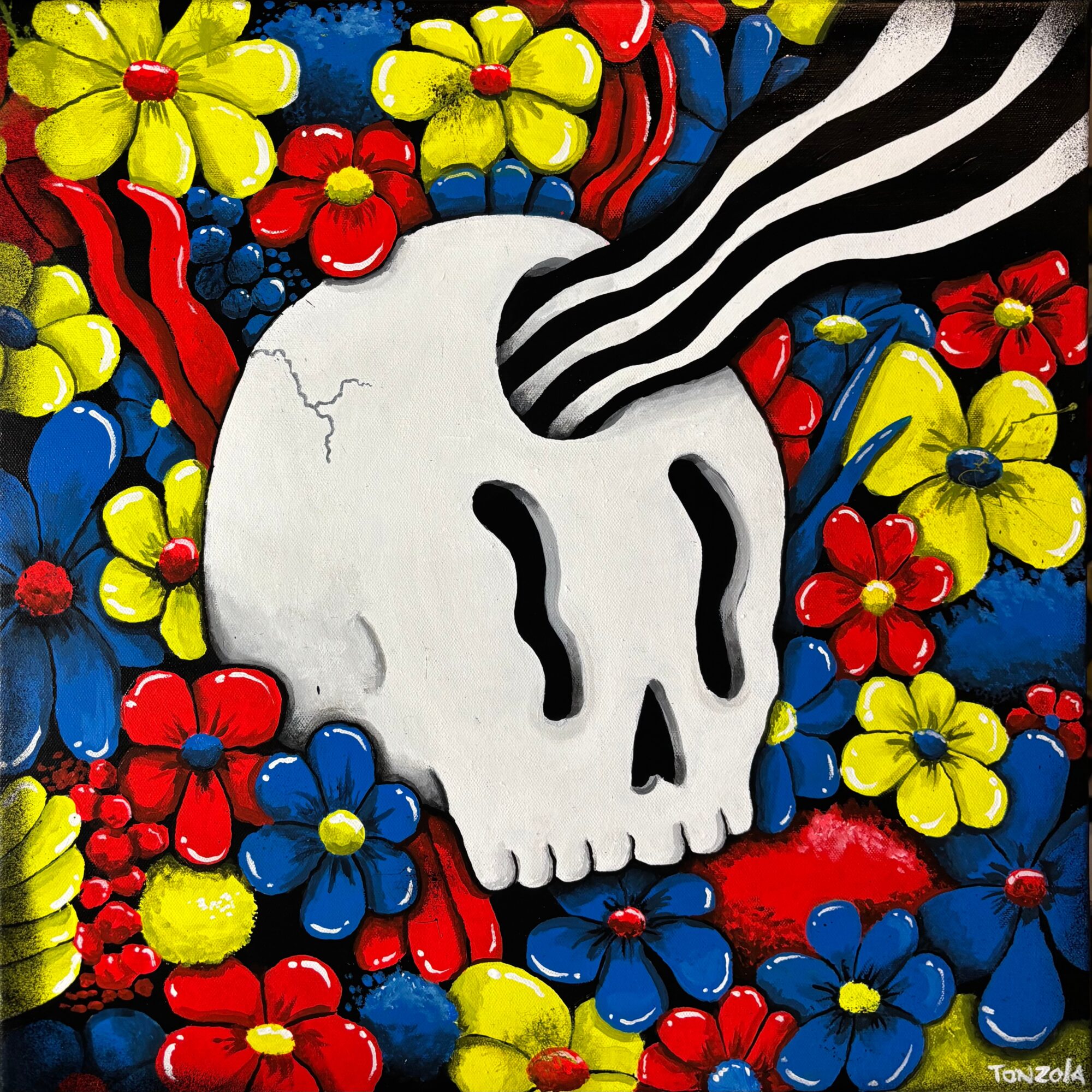 Skull with striped hat surrounded by colorful flowers, mainly red, yellow, and blue, in a vibrant, detailed illustration.