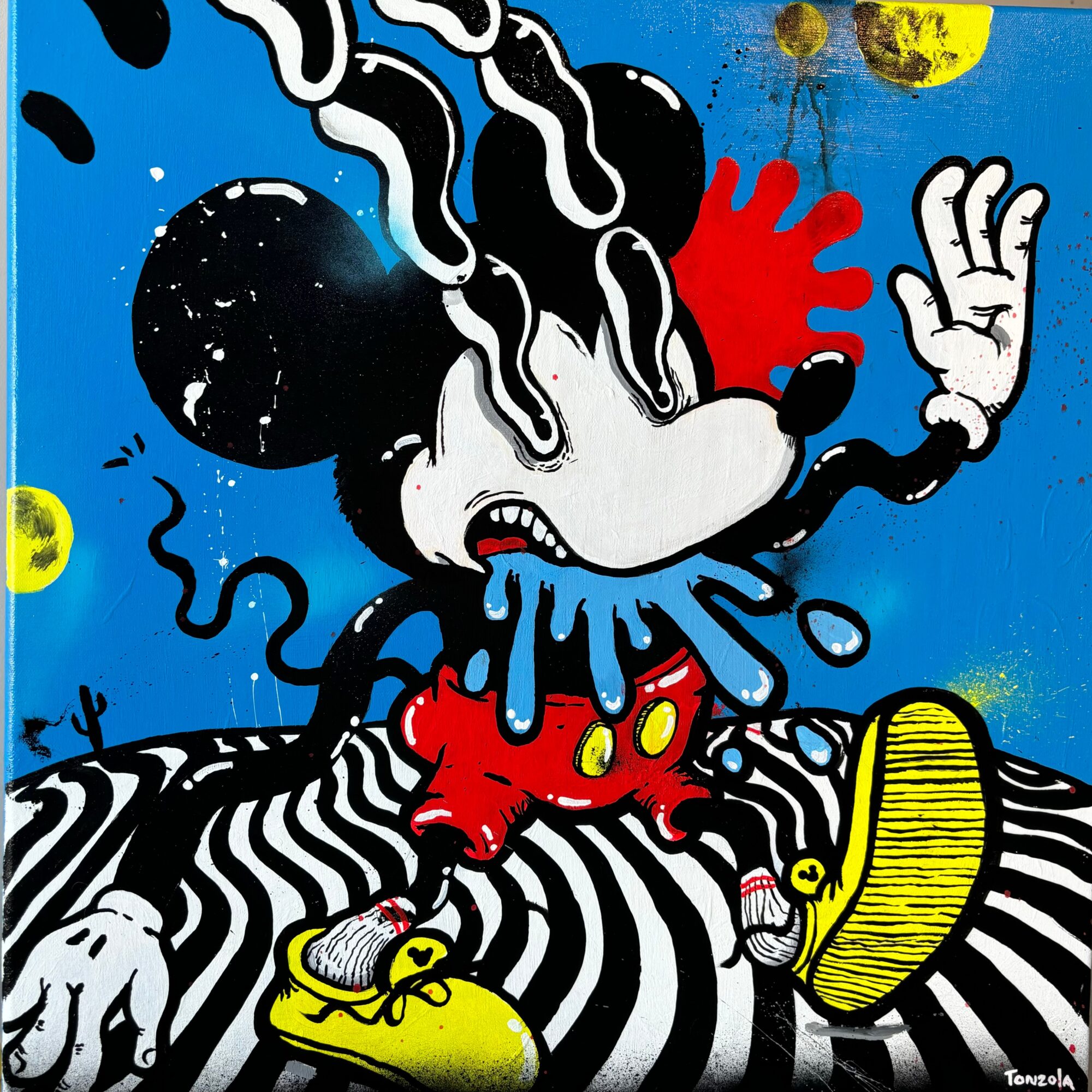 Cartoon mouse with red body and yellow shoes, black and white striped background, blue sky, and abstract shapes.