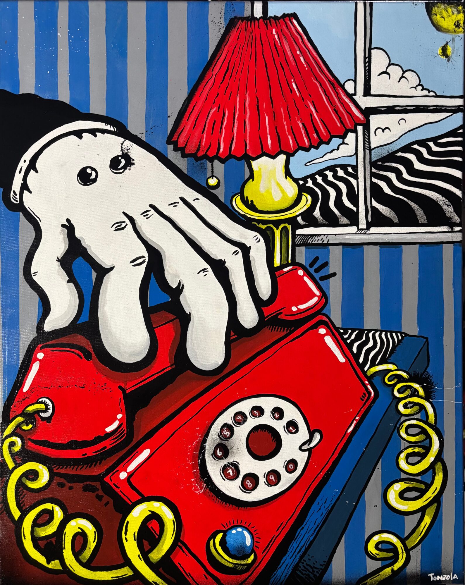 A hand holding a red rotary phone on a table with a blue striped wall, a red lamp, and a window showing clouds and sky.